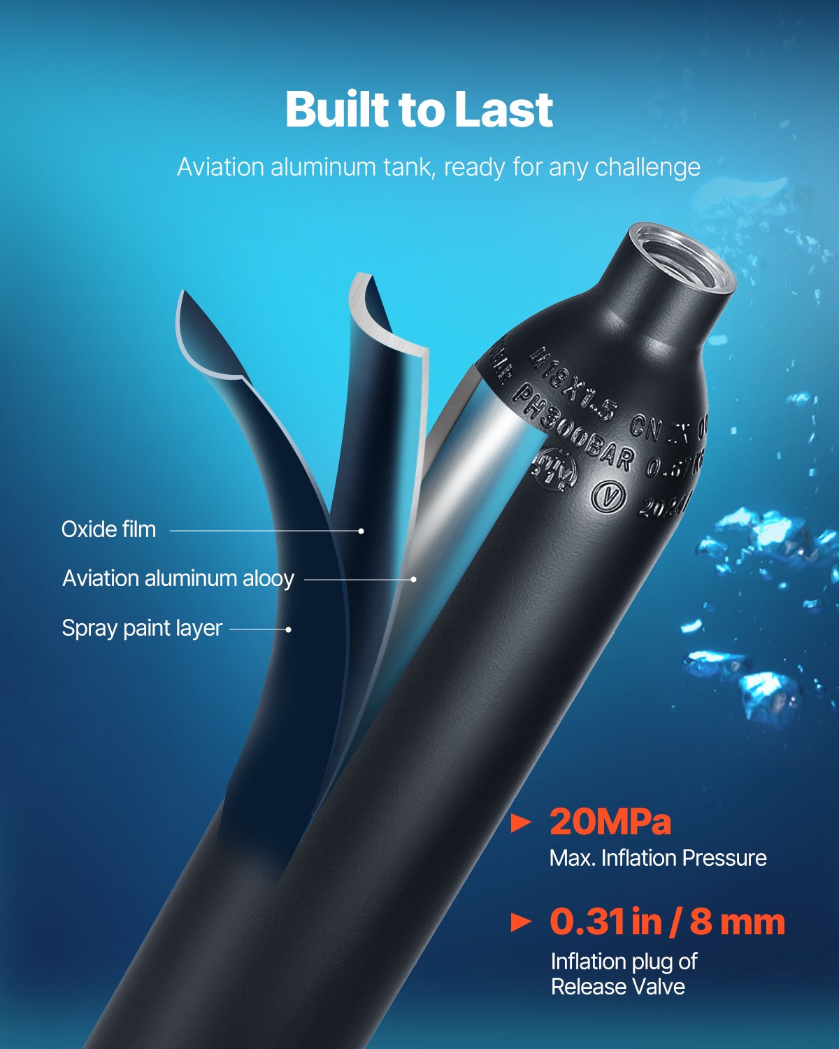 VEVOR Tanque de Buceo Portátil de 0.5 L, con Bomba para Buceo, Permite Respirar bajo el Agua de 5 a 10 Minutos, Profundidad de 30 m, Recargable, para Exploración Submarina, Aluminio 6061, Negro