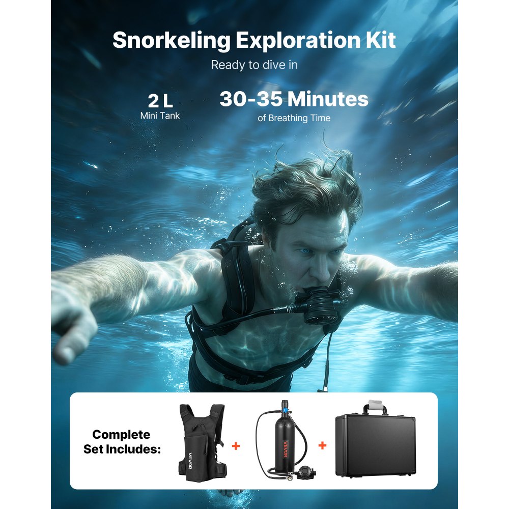 VEVOR Mini Botella de Buceo de 2 L, Juego de Tanque de Buceo Portátil con Mochila y Caja de Protección, Capacidad de 30 a 35 Minutos, Bombona de Oxígeno Recargable Aluminio, para Viajes Bucear Rescate