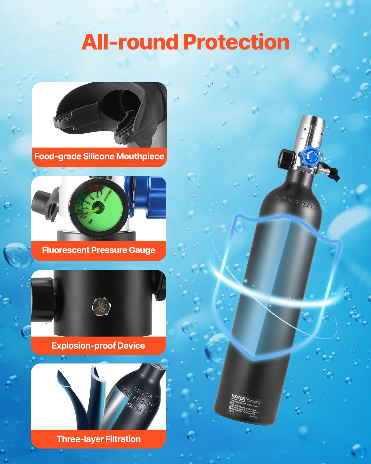 VEVOR Tanque de Buceo Portátil 1 L, Cilindro de Oxígeno para Buceo que Permite Respirar bajo el Agua 15 a 20 Minutos, Profundidad de Buceo de 30 m, para la Exploración Subacuática, 89 x 360 mm