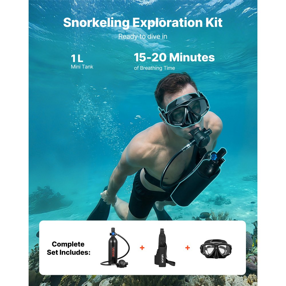 VEVOR Mini Botella de Buceo de 1 L, Juego de Tanque de Buceo Portátil con Gafas de Snorkel y Bolsa, Tiempo de Inmersión de 15 a 20 Minutos, Cilindro de Oxígeno Recargable, para Viajes Bucear Rescate