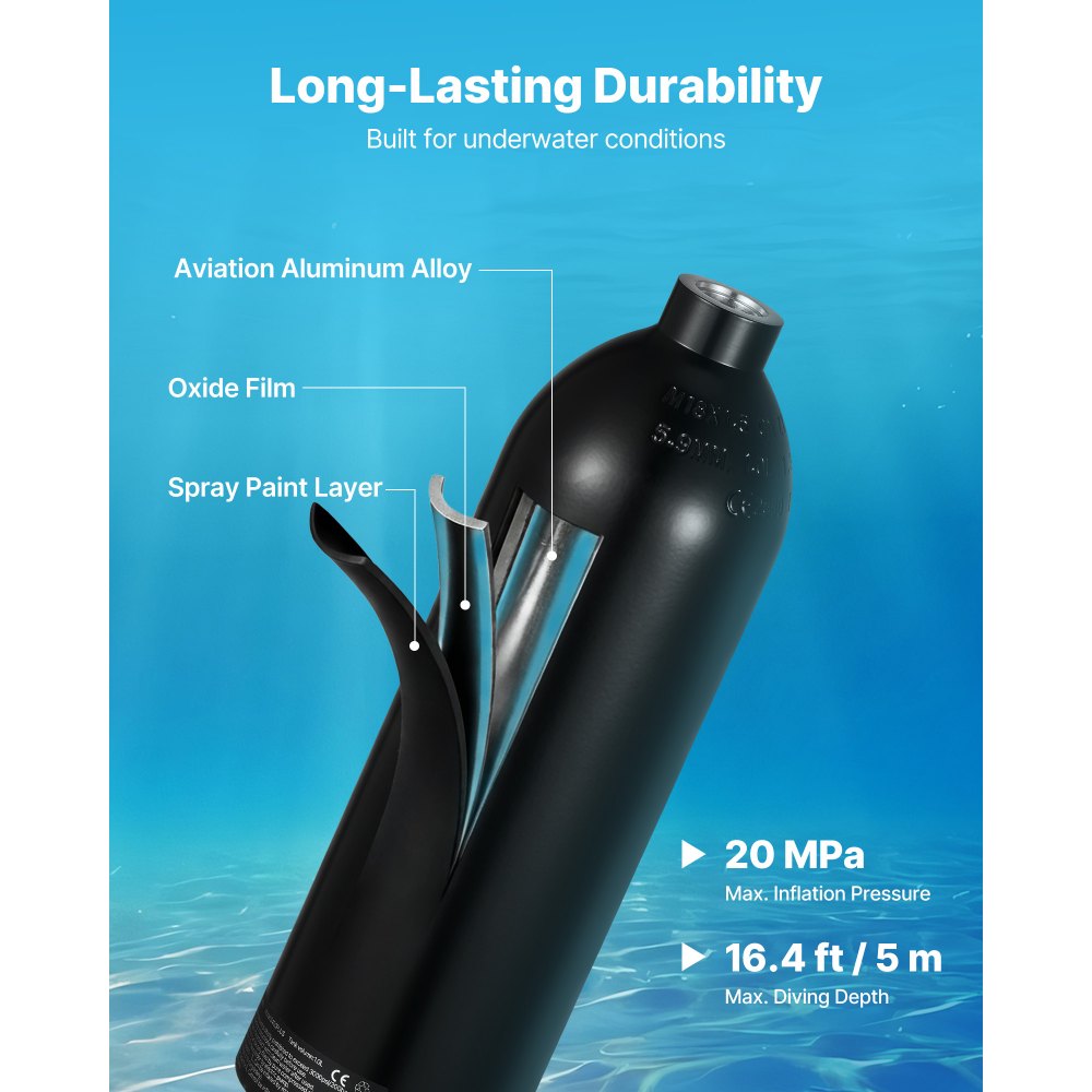 VEVOR Mini Botella de Buceo de 1 L, Juego de Tanque de Buceo Portátil con Gafas de Snorkel y Bolsa, Tiempo de Inmersión de 15 a 20 Minutos, Cilindro de Oxígeno Recargable, para Viajes Bucear Rescate