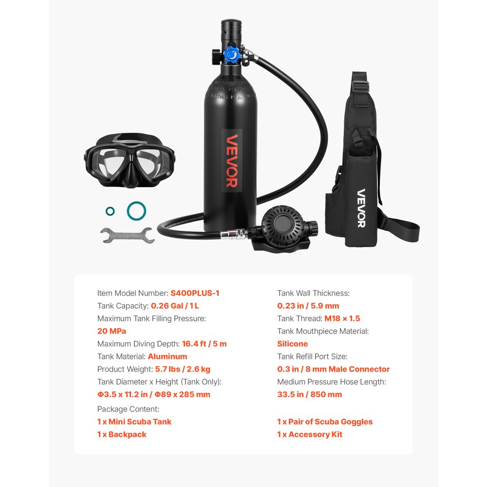 VEVOR Mini Botella de Buceo de 1 L, Juego de Tanque de Buceo Portátil con Gafas de Snorkel y Bolsa, Tiempo de Inmersión de 15 a 20 Minutos, Cilindro de Oxígeno Recargable, para Viajes Bucear Rescate