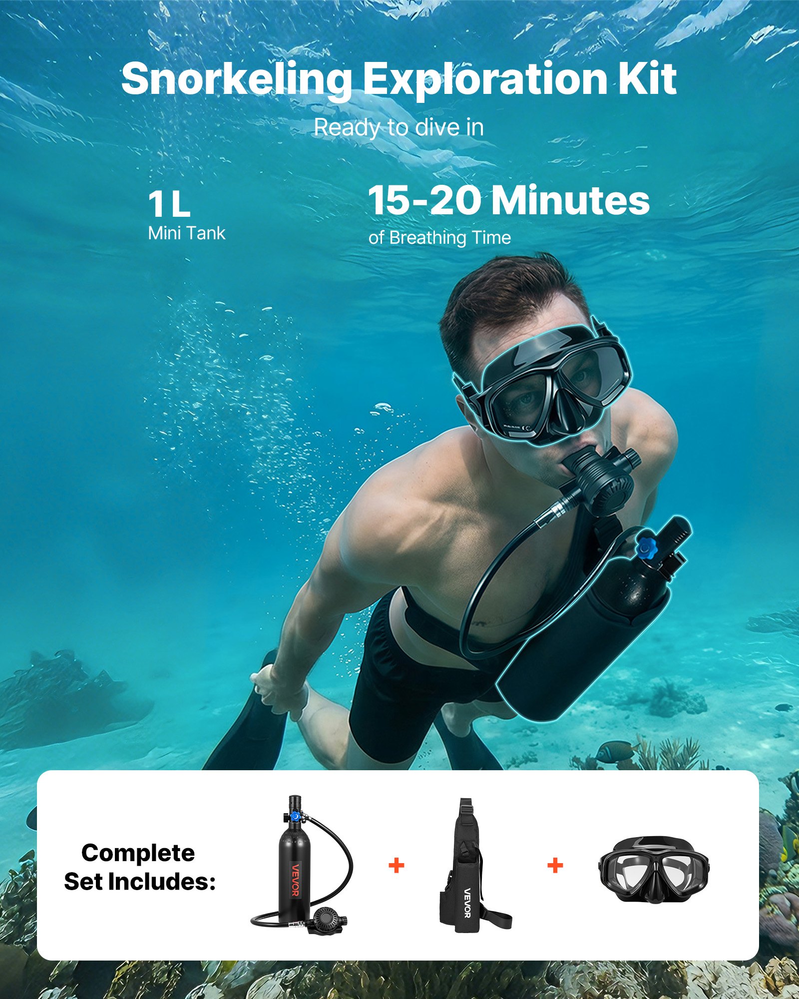 VEVOR Mini Botella de Buceo de 1 L, Juego de Tanque de Buceo Portátil con Gafas de Snorkel y Bolsa, Tiempo de Inmersión de 15 a 20 Minutos, Cilindro de Oxígeno Recargable, para Viajes Bucear Rescate