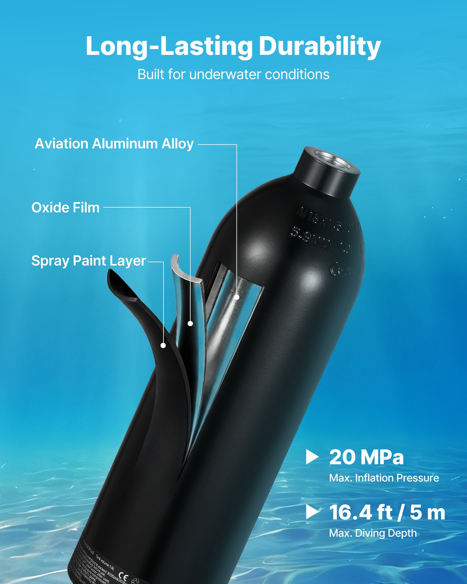 VEVOR Mini Botella de Buceo de 1 L, Juego de Tanque de Buceo Portátil con Gafas de Snorkel y Bolsa, Tiempo de Inmersión de 15 a 20 Minutos, Cilindro de Oxígeno Recargable, para Viajes Bucear Rescate