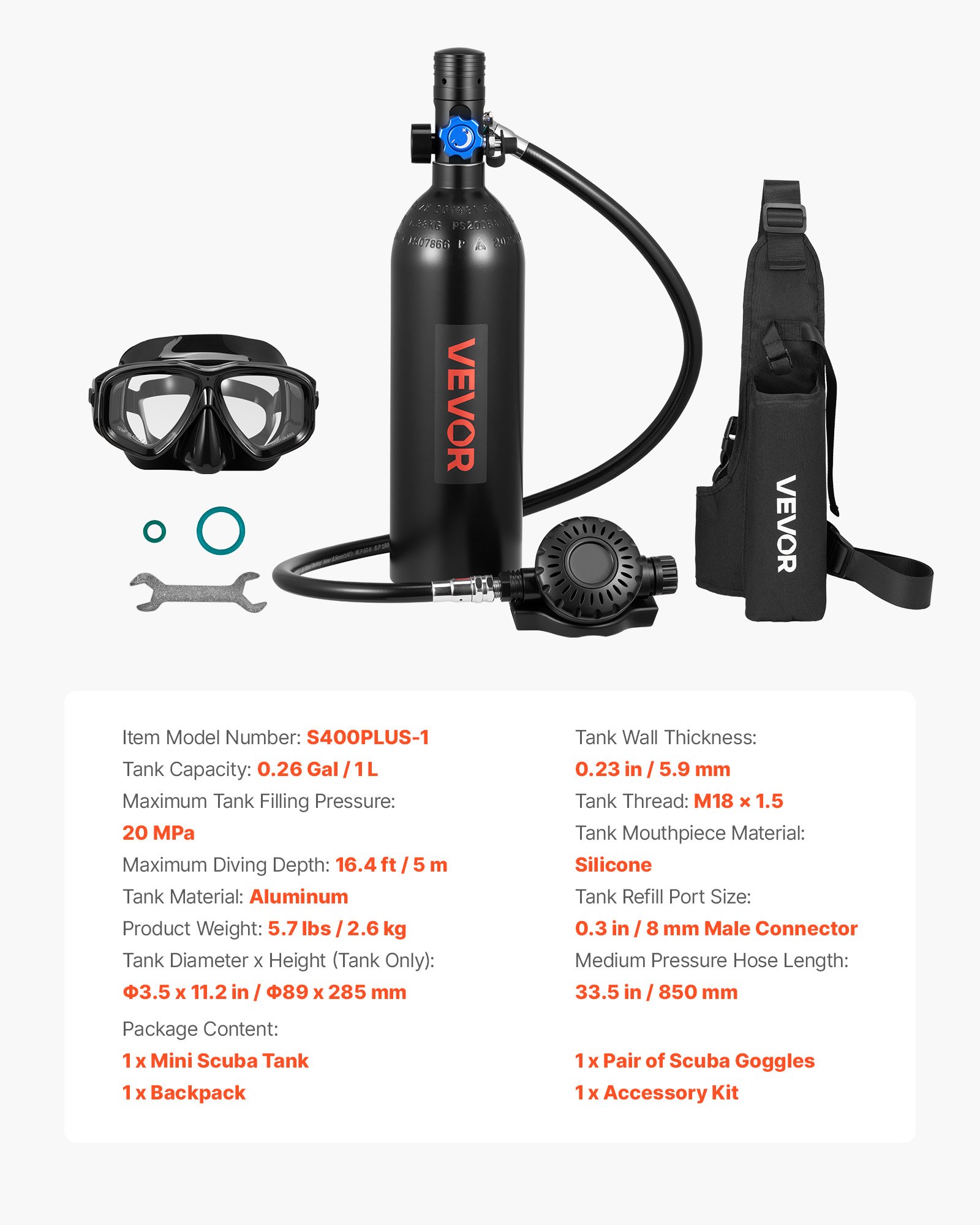 VEVOR Mini Botella de Buceo de 1 L, Juego de Tanque de Buceo Portátil con Gafas de Snorkel y Bolsa, Tiempo de Inmersión de 15 a 20 Minutos, Cilindro de Oxígeno Recargable, para Viajes Bucear Rescate
