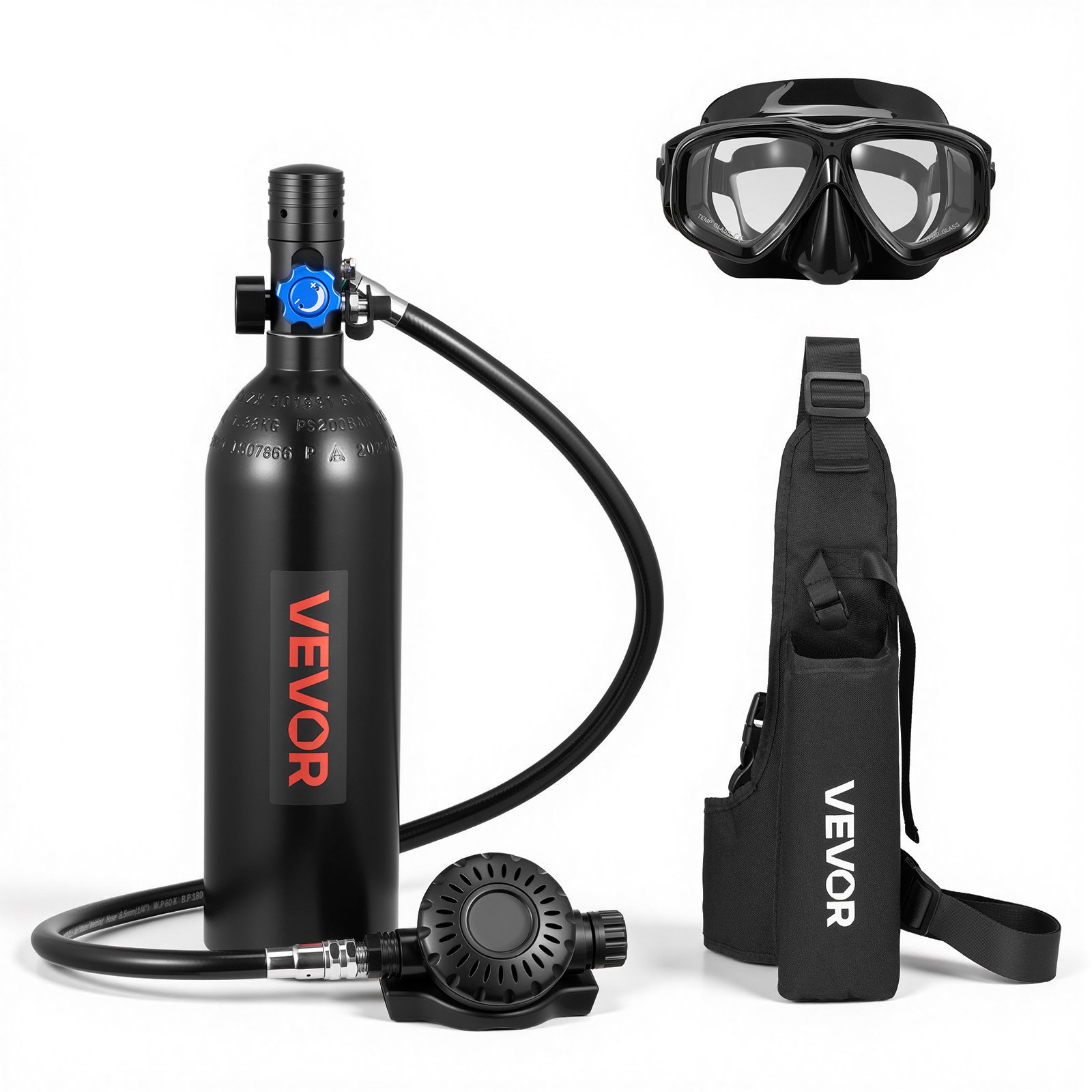 VEVOR Mini Botella de Buceo de 1 L, Juego de Tanque de Buceo Portátil con Gafas de Snorkel y Bolsa, Tiempo de Inmersión de 15 a 20 Minutos, Cilindro de Oxígeno Recargable, para Viajes Bucear Rescate