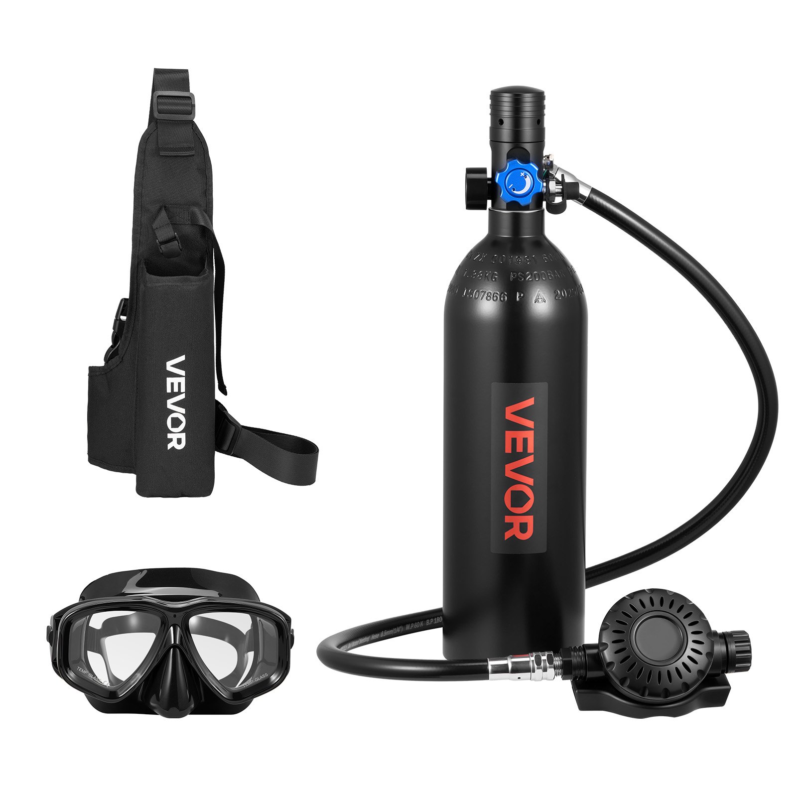 VEVOR Mini Botella de Buceo de 1 L, Juego de Tanque de Buceo Portátil con Gafas de Snorkel y Bolsa, Tiempo de Inmersión de 15 a 20 Minutos, Cilindro de Oxígeno Recargable, para Viajes Bucear Rescate