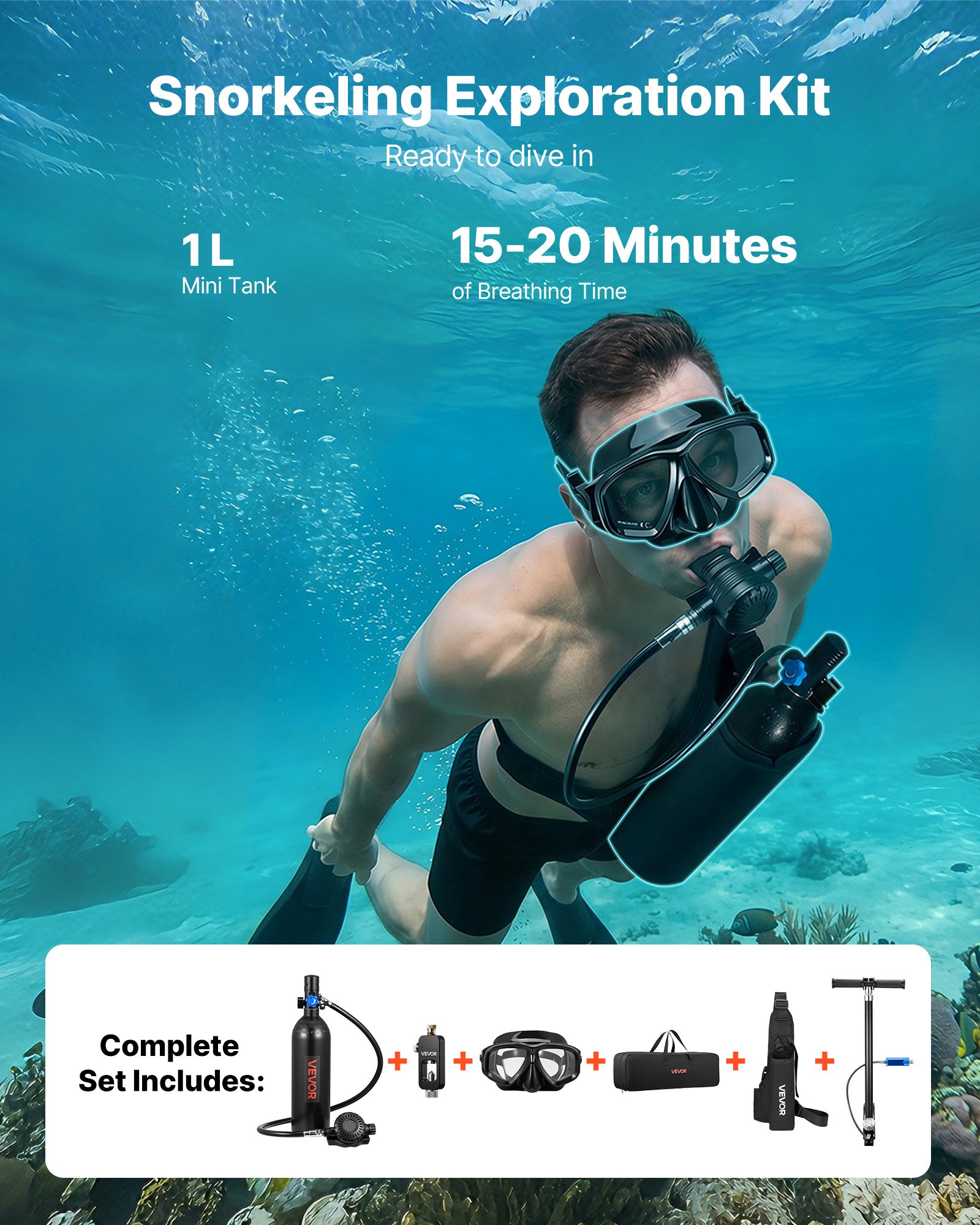 VEVOR Mini Botella de Buceo de 1 L, Juego de Tanque de Buceo Portátil, Capacidad de 15 a 20 Minutos, Gafas de Snorkel Adaptador Bomba Manual Mochila y Bolsa de Transporte, para Viajes Bucear Rescate