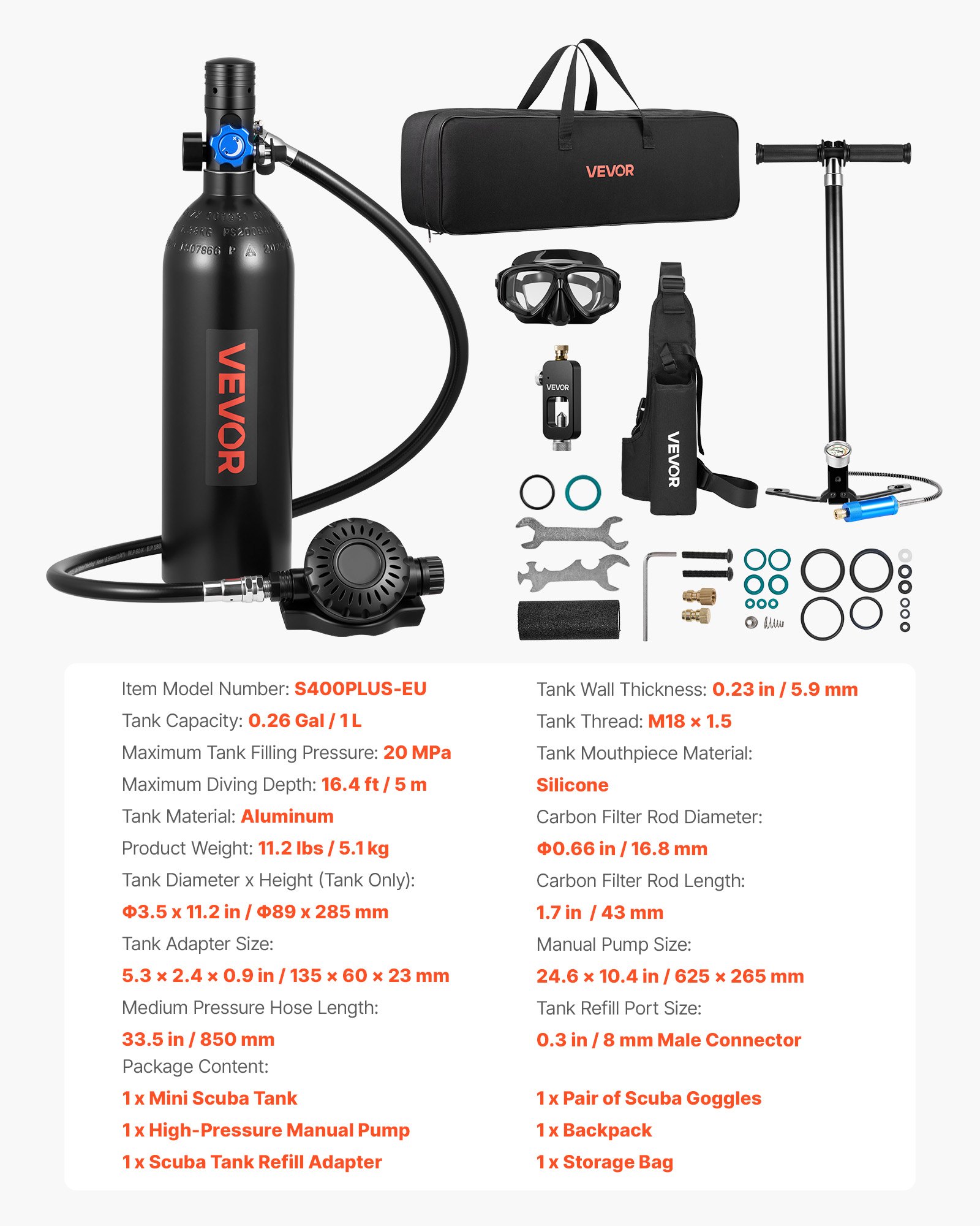 VEVOR Mini Botella de Buceo de 1 L, Juego de Tanque de Buceo Portátil, Capacidad de 15 a 20 Minutos, Gafas de Snorkel Adaptador Bomba Manual Mochila y Bolsa de Transporte, para Viajes Bucear Rescate