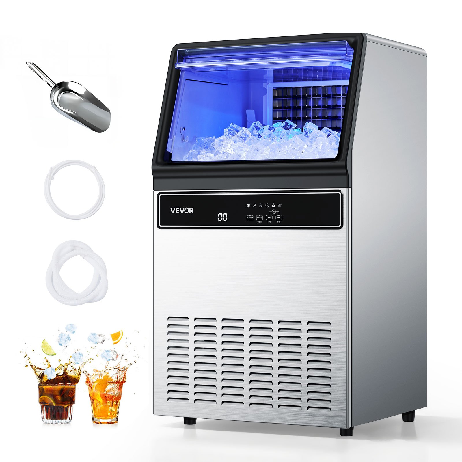 VEVOR Máquina para Fabricar Hielo 59 kg/24 h Almacenamiento de 15 kg, 45 Cubitos por Ciclo, de Acero Inoxidable, Independiente y de Encimera, con Pantalla LED y Autolimpieza, para Bar, Restaurante