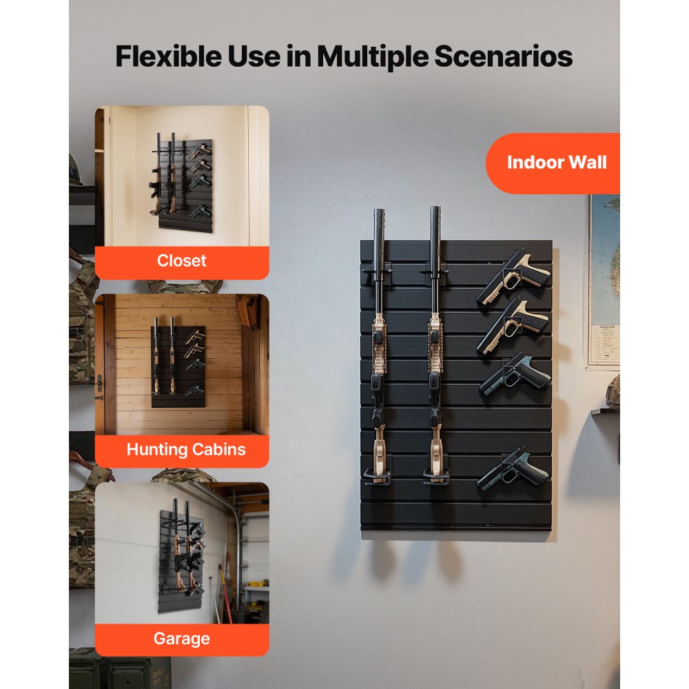 VEVOR Estante de Pared para Armas de Fuego, Soporte de Montaje en Pared, Capacidad de 2 Escopetas y 4 Pistolas, Organizador de Accesorios con Ganchos Adicionales, Acero al Carbono, para Taller Garaja