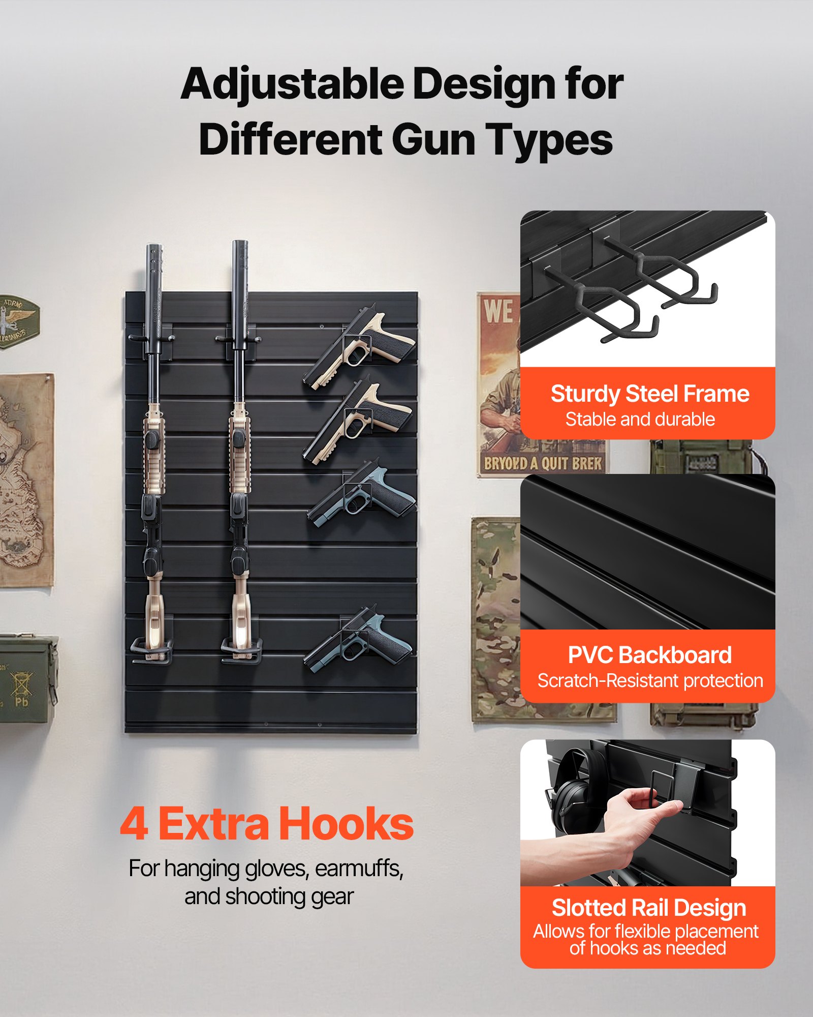 VEVOR Estante de Pared para Armas de Fuego, Soporte de Montaje en Pared, Capacidad de 2 Escopetas y 4 Pistolas, Organizador de Accesorios con Ganchos Adicionales, Acero al Carbono, para Taller Garaja