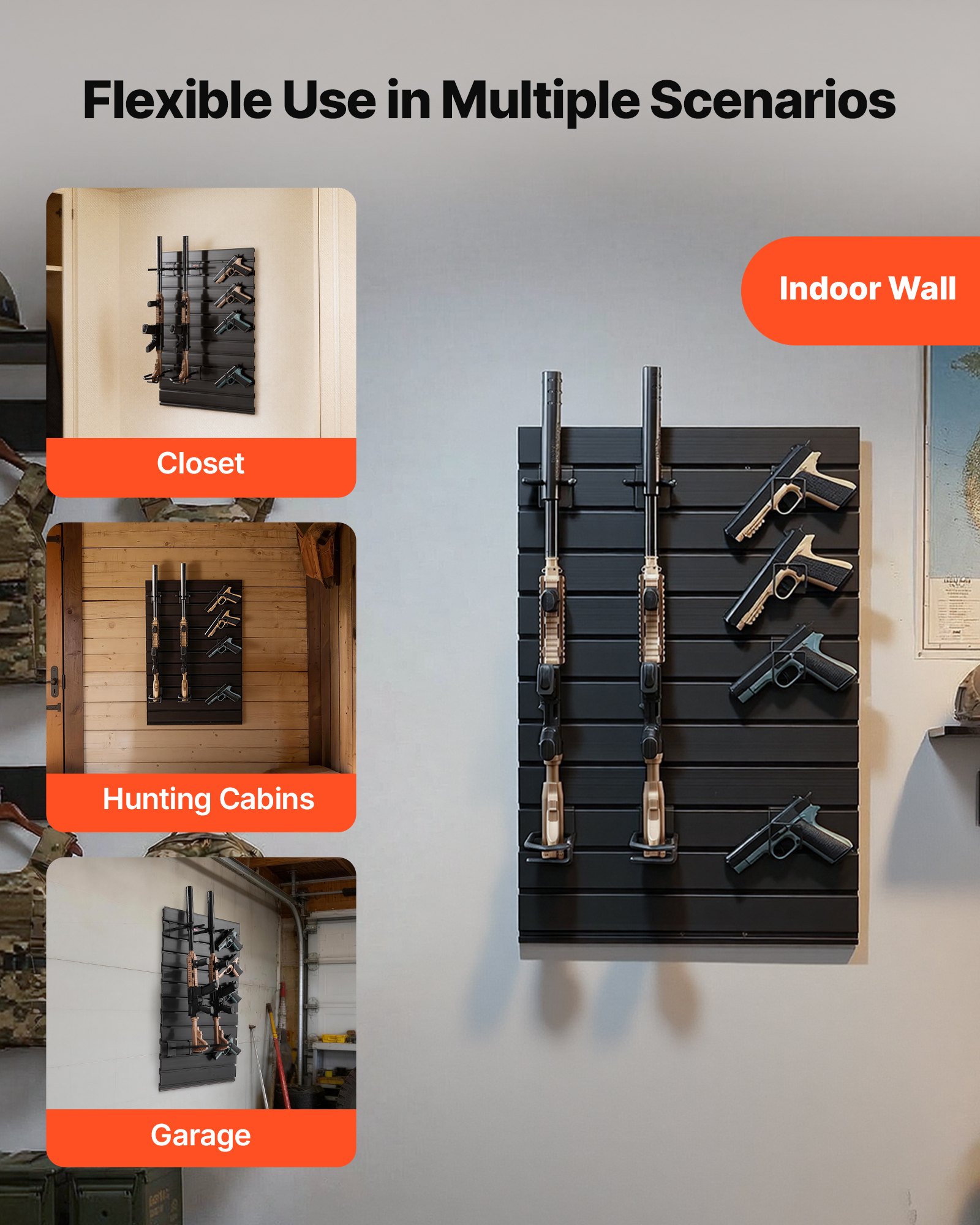 VEVOR Estante de Pared para Armas de Fuego, Soporte de Montaje en Pared, Capacidad de 2 Escopetas y 4 Pistolas, Organizador de Accesorios con Ganchos Adicionales, Acero al Carbono, para Taller Garaja