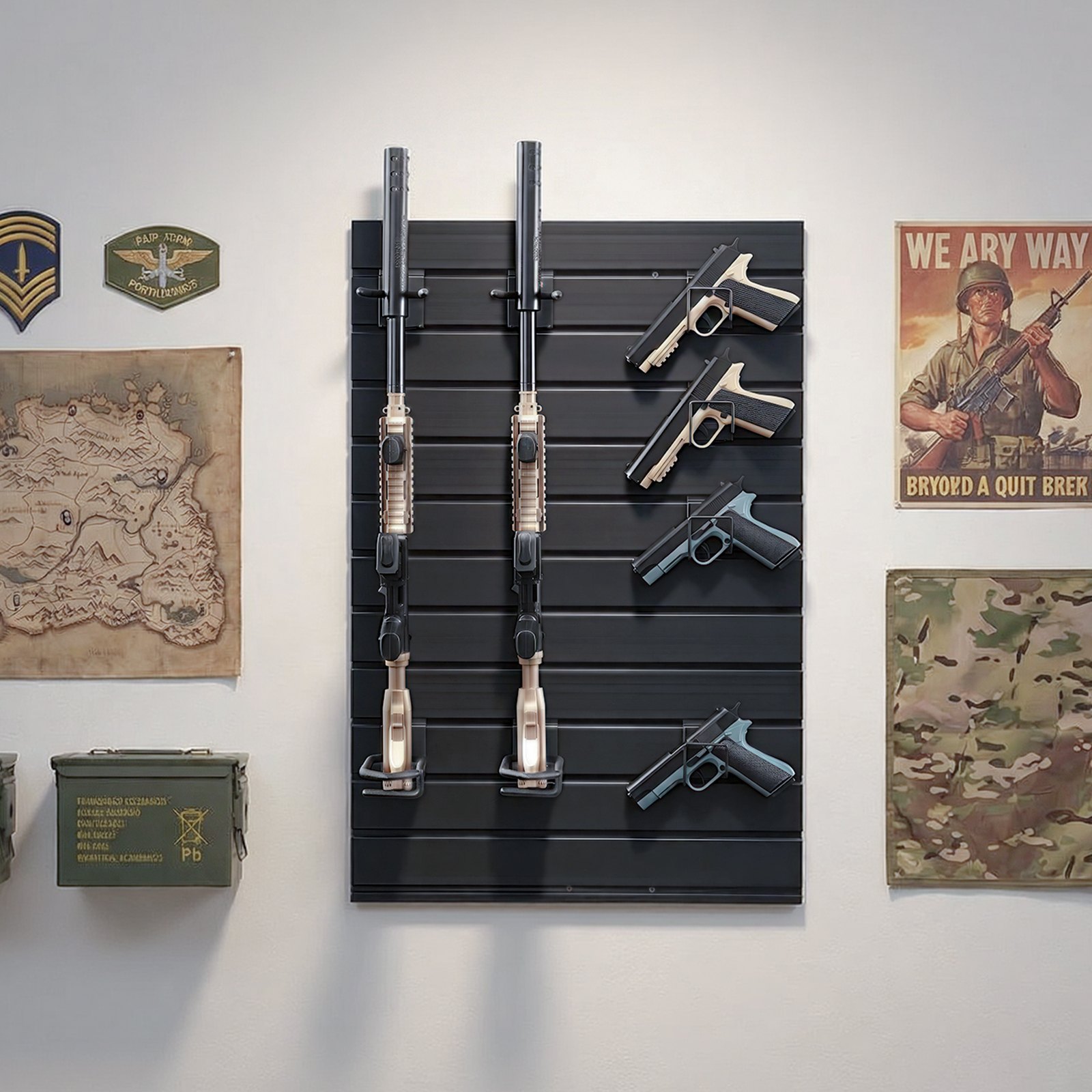 VEVOR Estante de Pared para Armas de Fuego, Soporte de Montaje en Pared, Capacidad de 2 Escopetas y 4 Pistolas, Organizador de Accesorios con Ganchos Adicionales, Acero al Carbono, para Taller Garaja