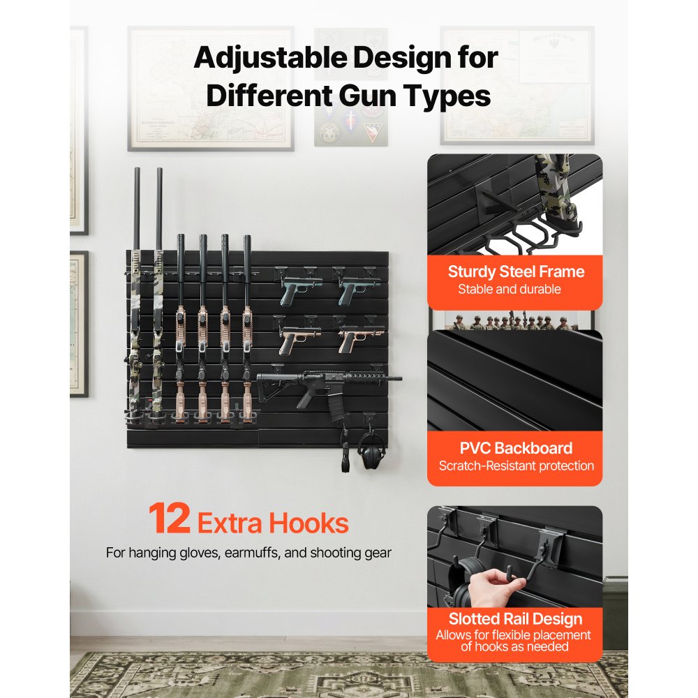 VEVOR Estante de Pared para Armas de Fuego, Capacidad de 6 Escopetas y 6 Pistolas, Soporte de Montaje en Pared, con Ganchos Adicionales, Acero al Carbono, Organizador de Accesorios para Taller Garaja