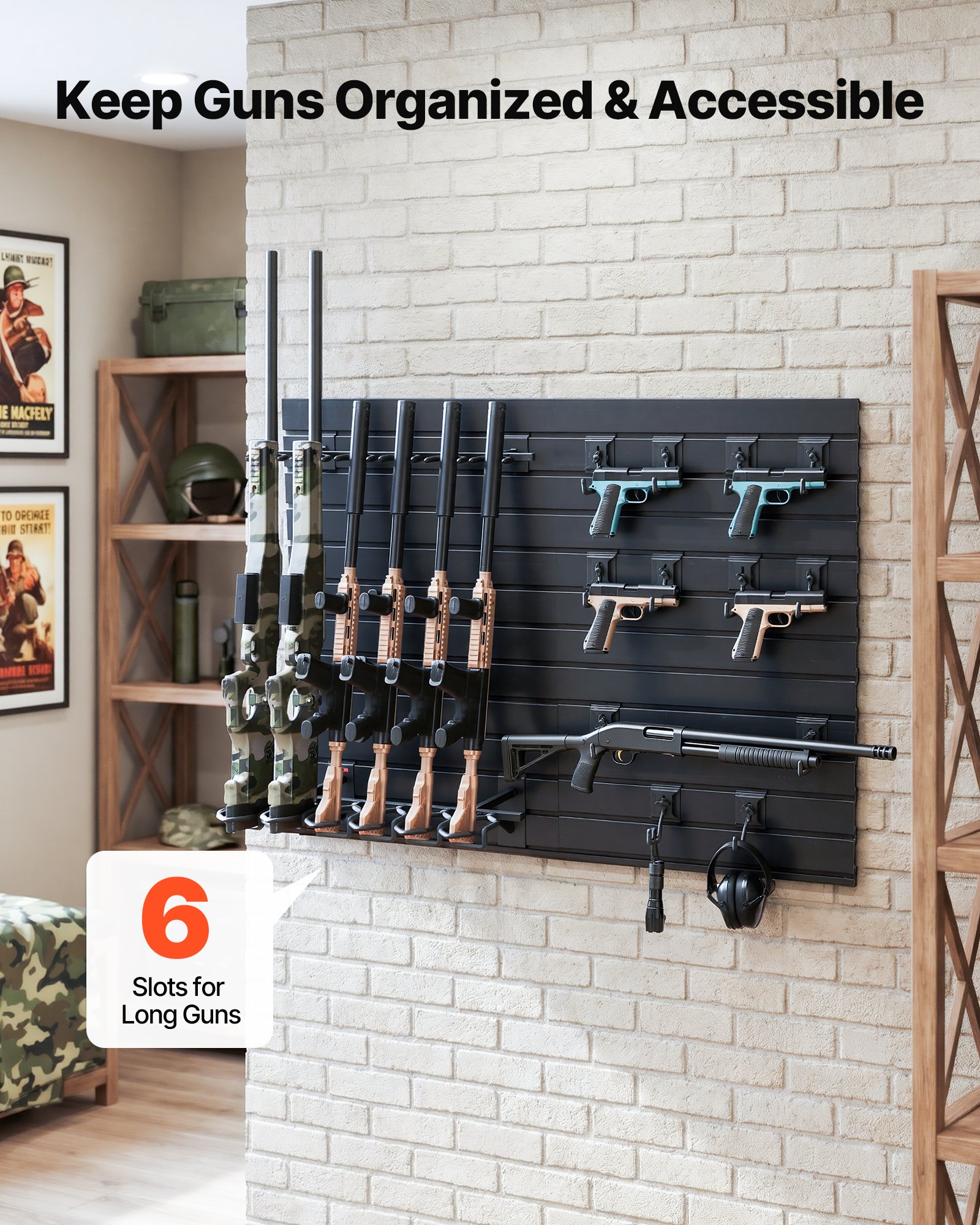 VEVOR Estante de Pared para Armas de Fuego, Capacidad de 6 Escopetas y 6 Pistolas, Soporte de Montaje en Pared, con Ganchos Adicionales, Acero al Carbono, Organizador de Accesorios para Taller Garaja