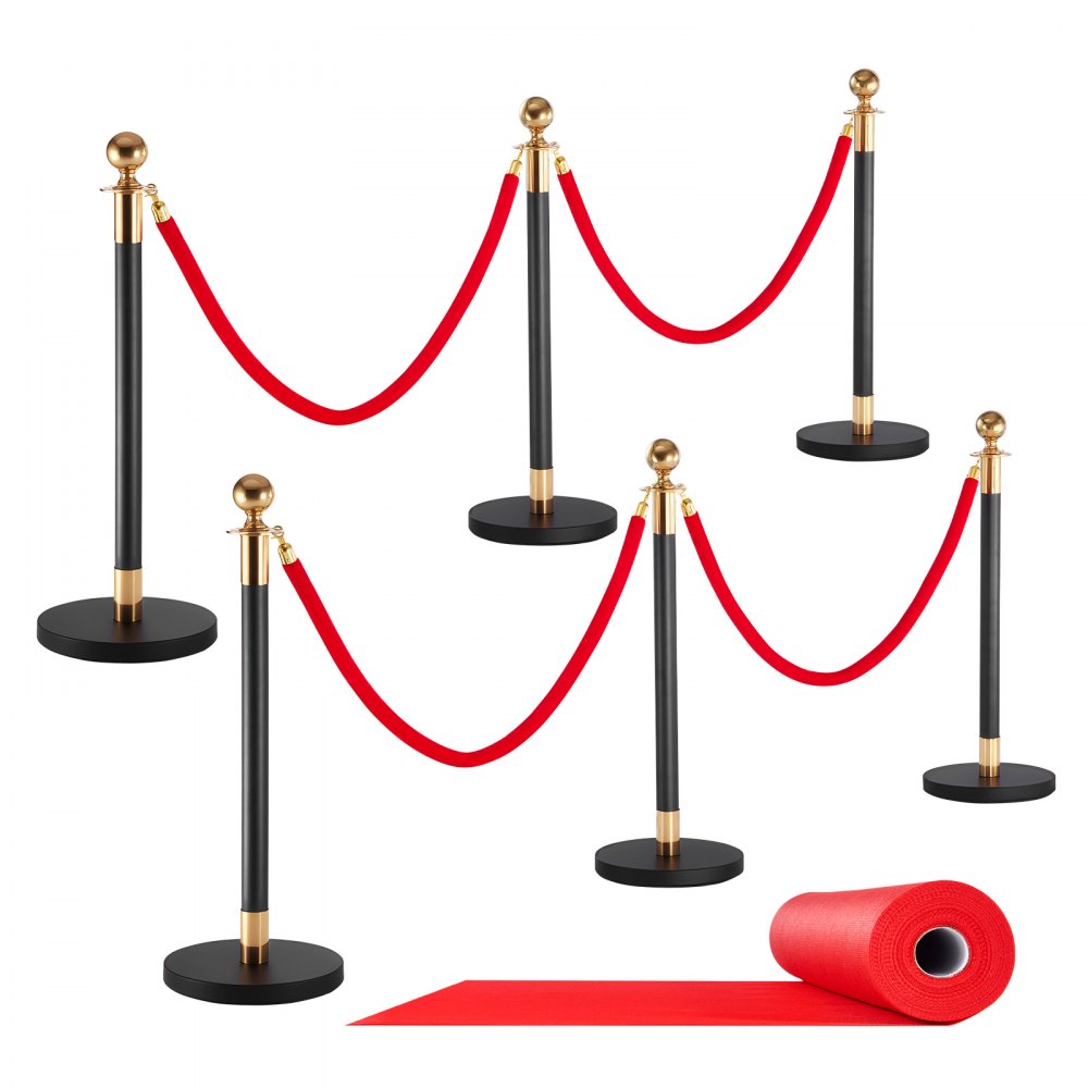 VEVOR Poste Guía de Barrera 6 Piezas con 4 Cuerdas de Terciopelo y Alfombra Roja, Barrera de Marcado de Control de Multitudes con Base, para Cola de Separación de Demarcación en Teatro Exposición