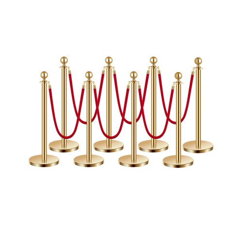 VEVOR 8 PCS Poste de Estaca de Acero Inoxidable de 1,5 m con Base Hueca de Inyección de Arena y 6 Cuerdas de Terciopelo Rojo, Barreras de Control de Multitudes para Teatro, Fiesta, Boda, Dorado