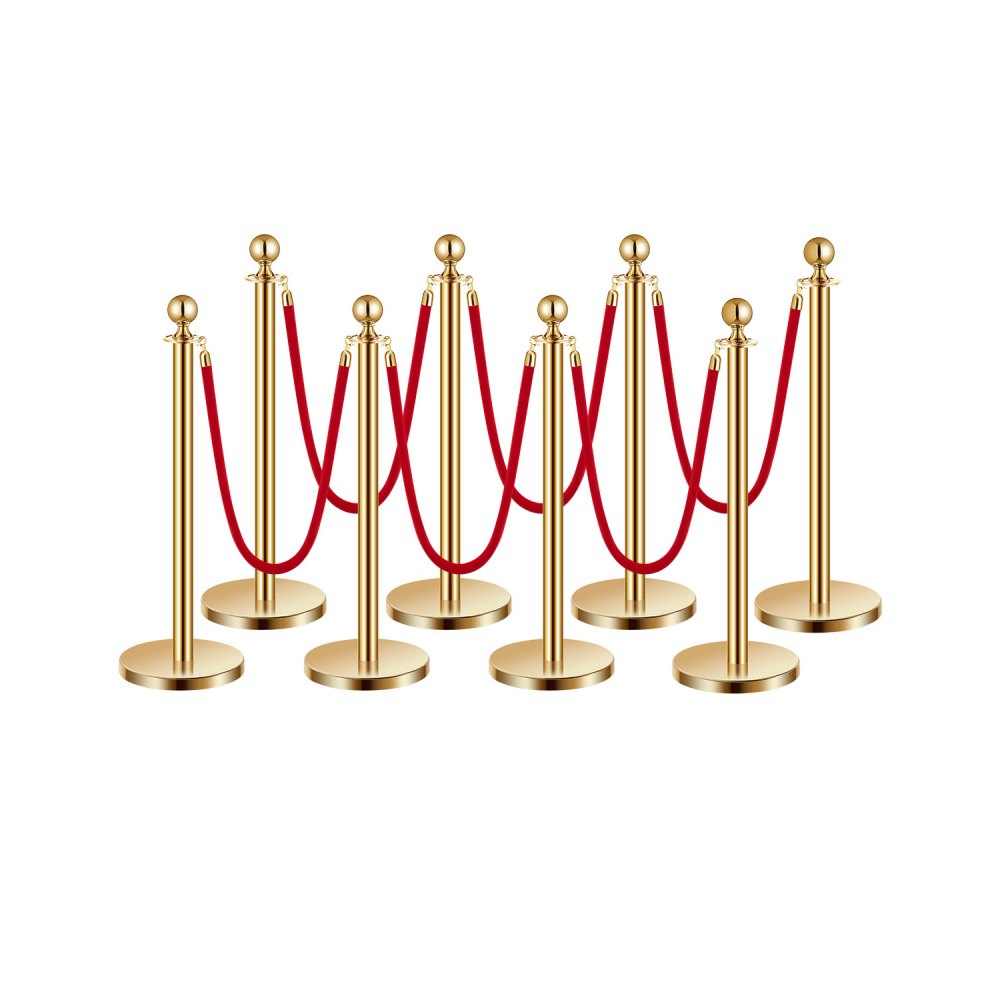 VEVOR 8 PCS Poste de Estaca de Acero Inoxidable de 1,5 m con Base Hueca de Inyección de Arena y 6 Cuerdas de Terciopelo Rojo, Barreras de Control de Multitudes para Teatro, Fiesta, Boda, Dorado