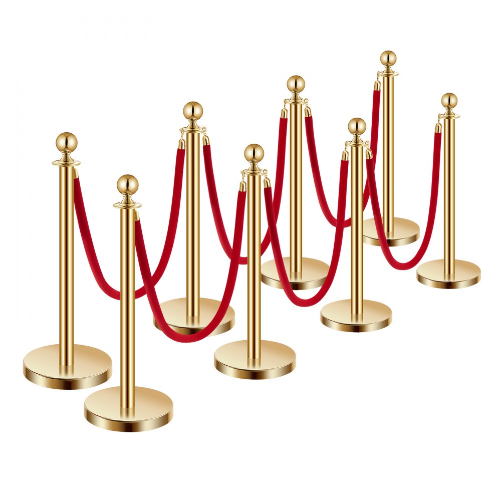 VEVOR 8 PCS Poste de Estaca de Acero Inoxidable de 1,5 m con Base Hueca de Inyección de Arena y 6 Cuerdas de Terciopelo Rojo, Barreras de Control de Multitudes para Teatro, Fiesta, Boda, Dorado