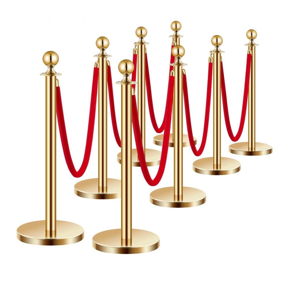VEVOR 8 PCS Poste de Estaca de Acero Inoxidable de 1,5 m con Base Hueca de Inyección de Arena y 6 Cuerdas de Terciopelo Rojo, Barreras de Control de Multitudes para Teatro, Fiesta, Boda, Dorado