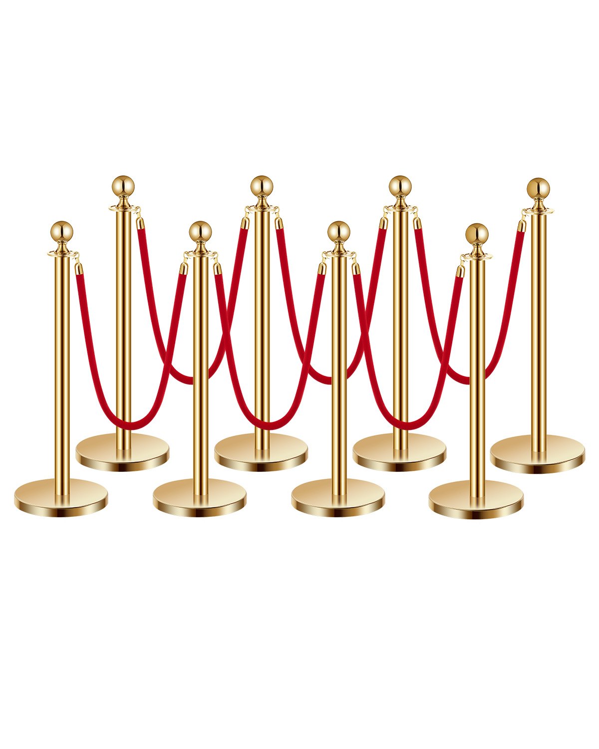 VEVOR Crowd Control Bollards (8 pcs) with 6 red velvet ropes (1.5 m long), stainless steel stanchions with refillable base for exhibitions, Golden