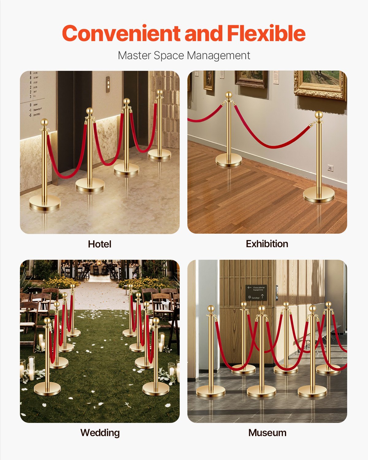 VEVOR 8 PCS Poste de Estaca de Acero Inoxidable de 1,5 m con Base Hueca de Inyección de Arena y 6 Cuerdas de Terciopelo Rojo, Barreras de Control de Multitudes para Teatro, Fiesta, Boda, Dorado