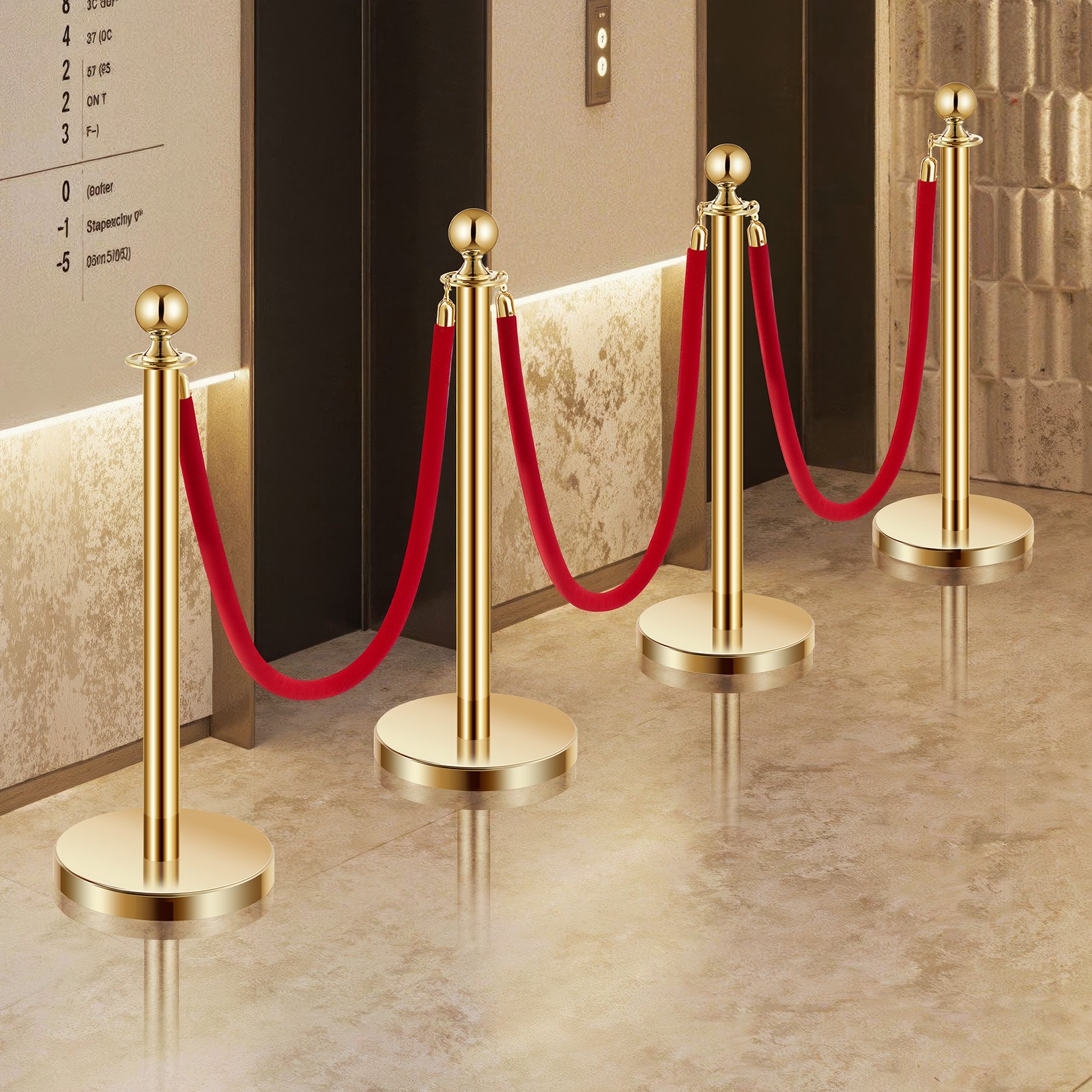 VEVOR 8 PCS Poste de Estaca de Acero Inoxidable de 1,5 m con Base Hueca de Inyección de Arena y 6 Cuerdas de Terciopelo Rojo, Barreras de Control de Multitudes para Teatro, Fiesta, Boda, Dorado