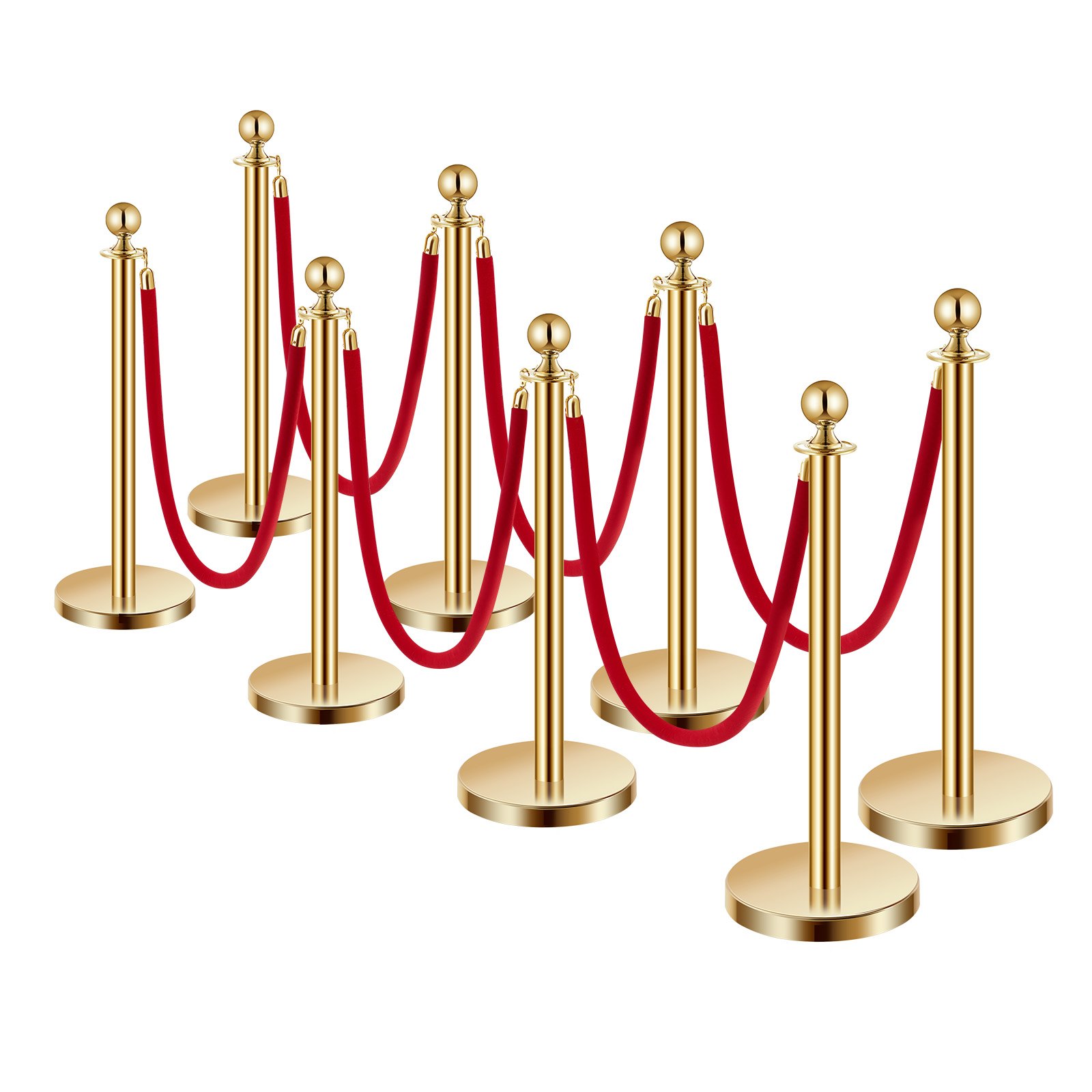 VEVOR 8 PCS Poste de Estaca de Acero Inoxidable de 1,5 m con Base Hueca de Inyección de Arena y 6 Cuerdas de Terciopelo Rojo, Barreras de Control de Multitudes para Teatro, Fiesta, Boda, Dorado