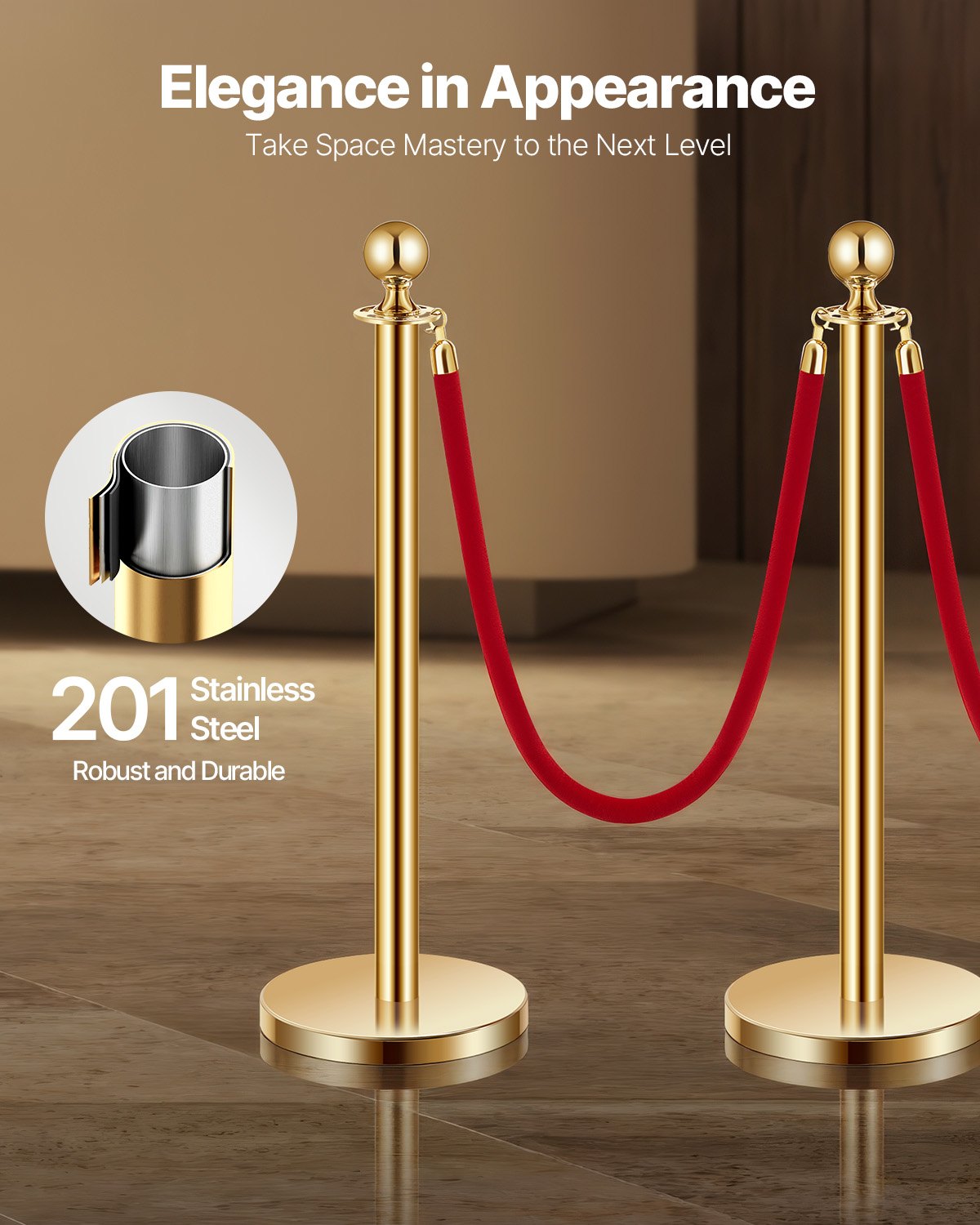 VEVOR Crowd Control Posts (4 pcs) with 3 red velvet ropes (1.5 m long), stainless steel barrier posts with refillable base for exhibitions, Golden