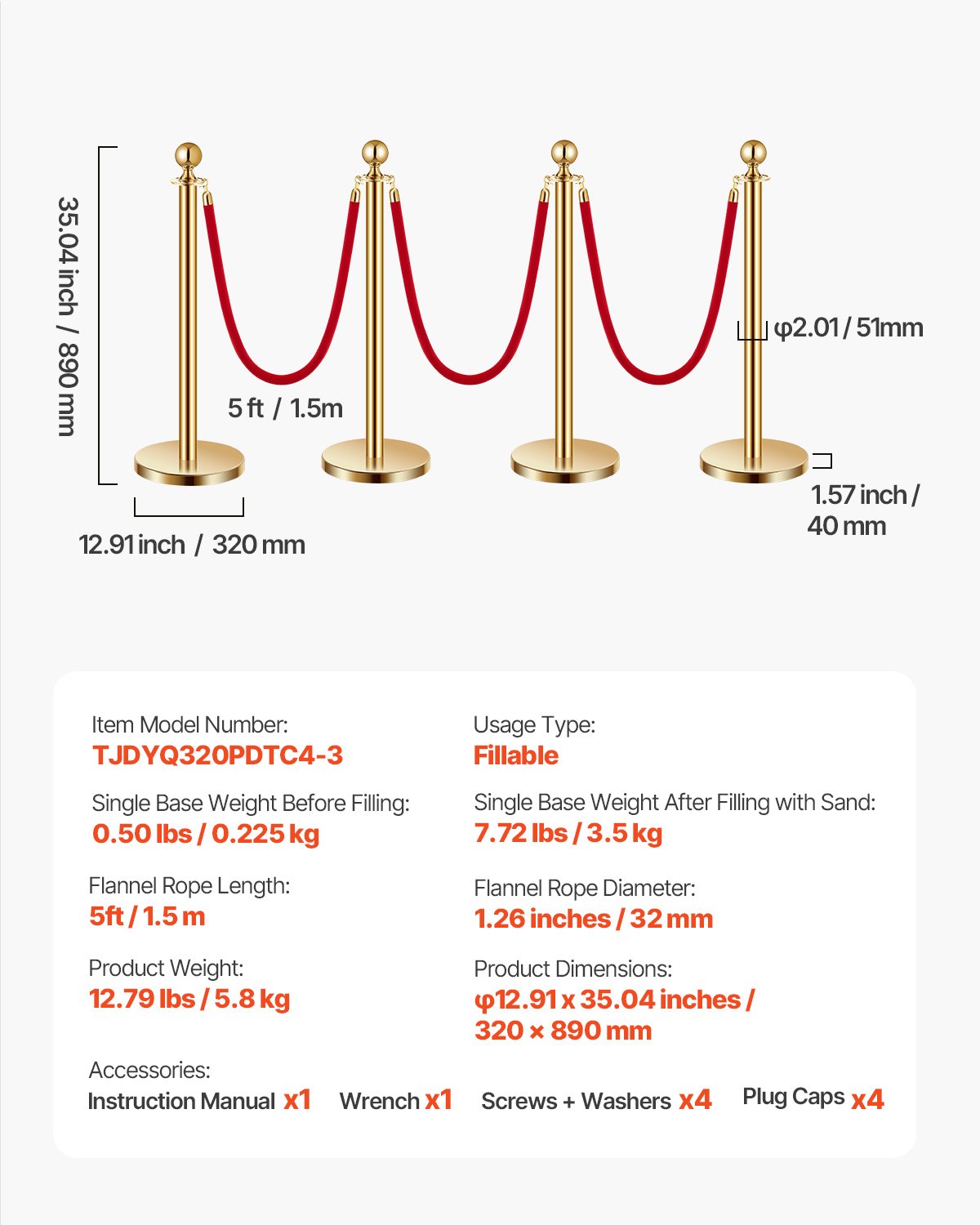 VEVOR 4 PCS Poste de Estaca de Acero Inoxidable de 1,5 m con Base Hueca de Inyección de Arena y 3 Cuerdas de Terciopelo Rojo, Barreras de Control de Multitudes para Teatro, Fiesta, Boda, Dorado