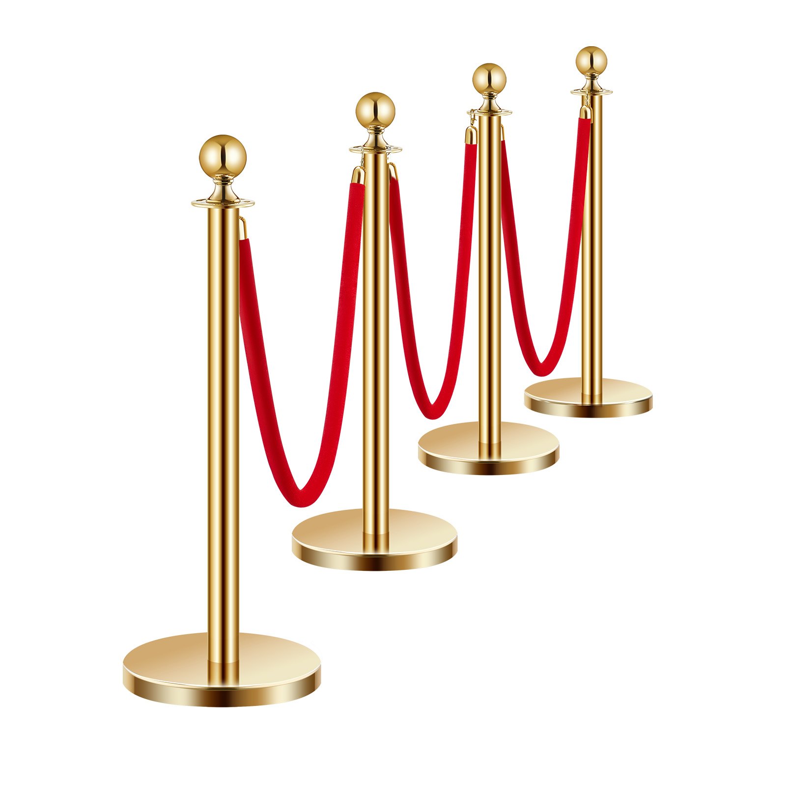VEVOR 4 PCS Poste de Estaca de Acero Inoxidable de 1,5 m con Base Hueca de Inyección de Arena y 3 Cuerdas de Terciopelo Rojo, Barreras de Control de Multitudes para Teatro, Fiesta, Boda, Dorado