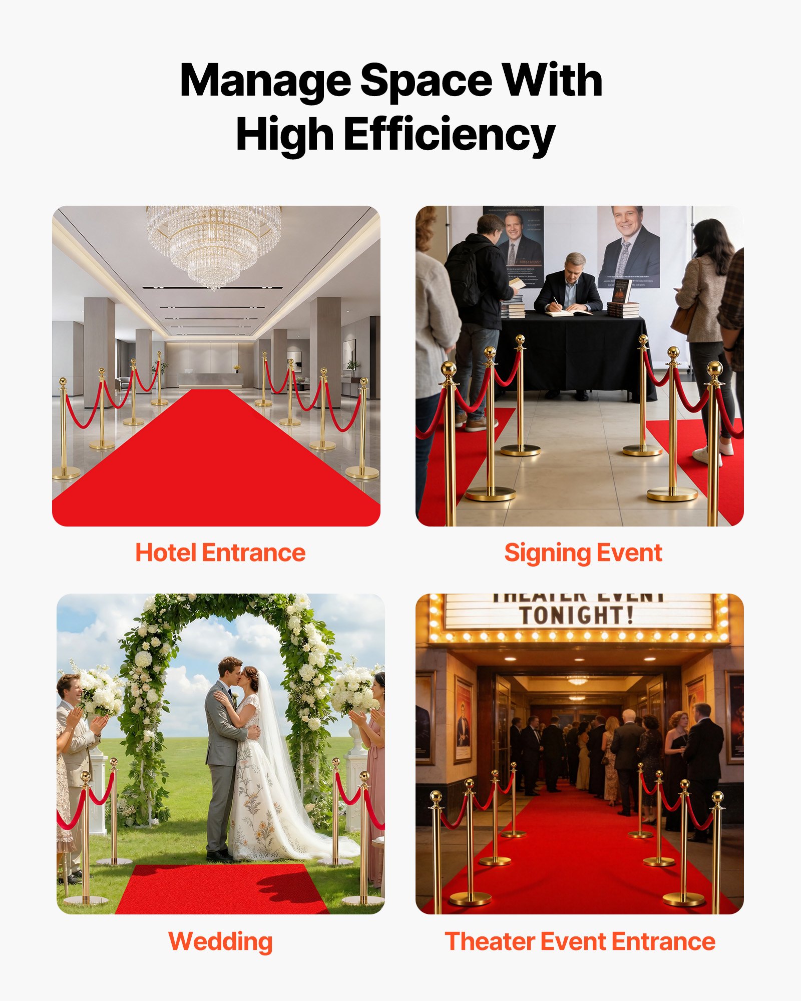 VEVOR Poste Guía de Barrera 8 Piezas con 6 Cuerdas de Terciopelo y Alfombra Roja, Barrera de Marcado de Control con Base, para Cola de Separación de Demarcación en Teatro Hotel Exposición, Dorado