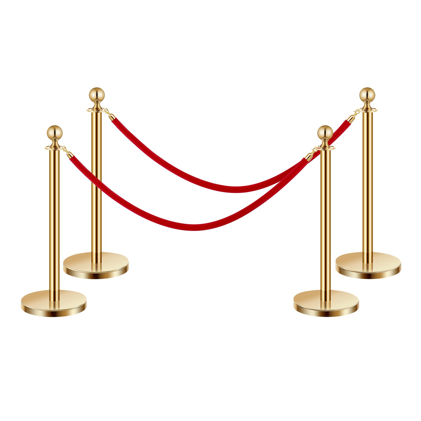 VEVOR 4 PCS Poste de Estaca de Acero Inoxidable de 1,5 m con Base Hueca de Inyección de Arena y 2 Cuerdas de Terciopelo Rojo, Barreras de Control de Multitudes para Teatro, Fiesta, Boda, Dorado
