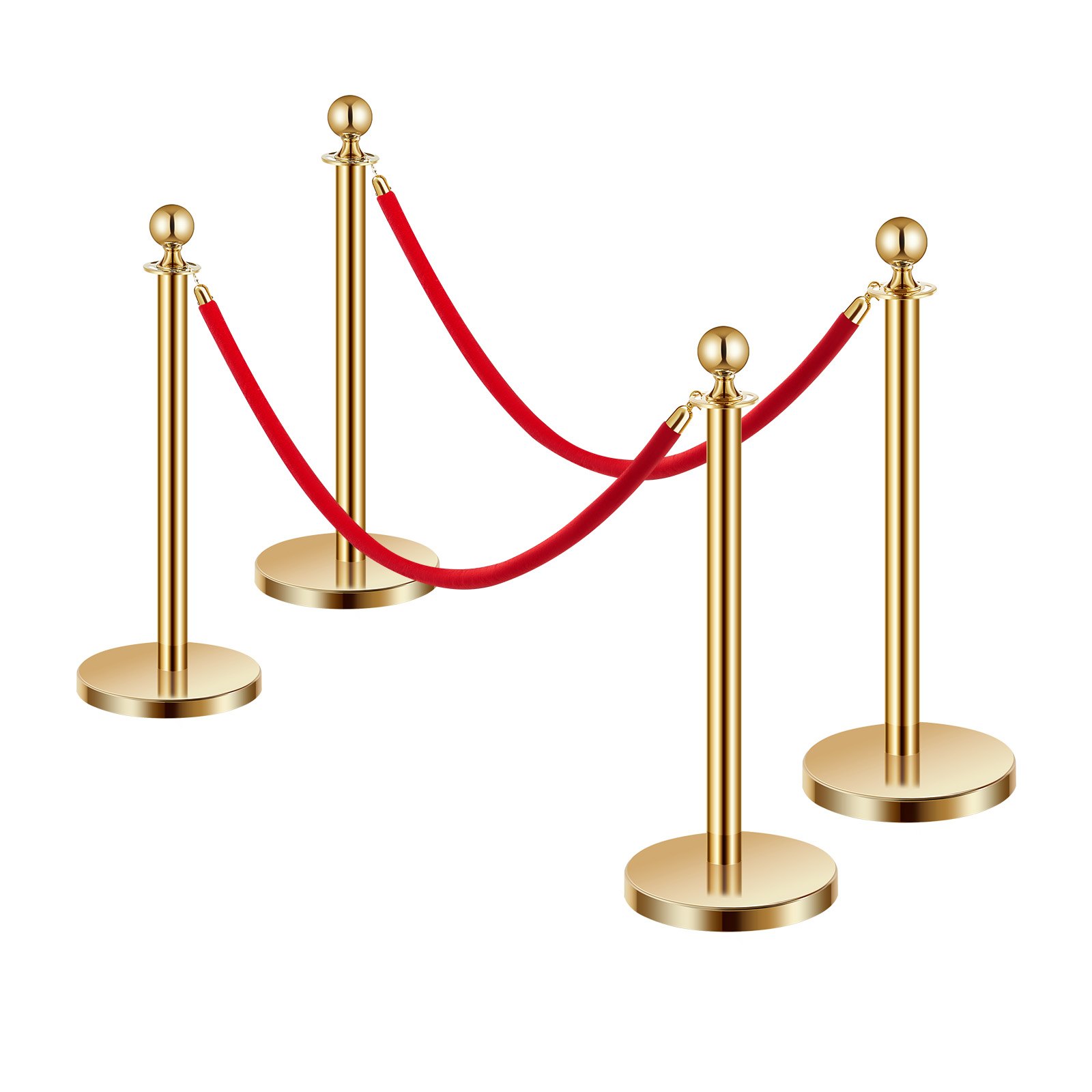 VEVOR 4 PCS Poste de Estaca de Acero Inoxidable de 1,5 m con Base Hueca de Inyección de Arena y 2 Cuerdas de Terciopelo Rojo, Barreras de Control de Multitudes para Teatro, Fiesta, Boda, Dorado
