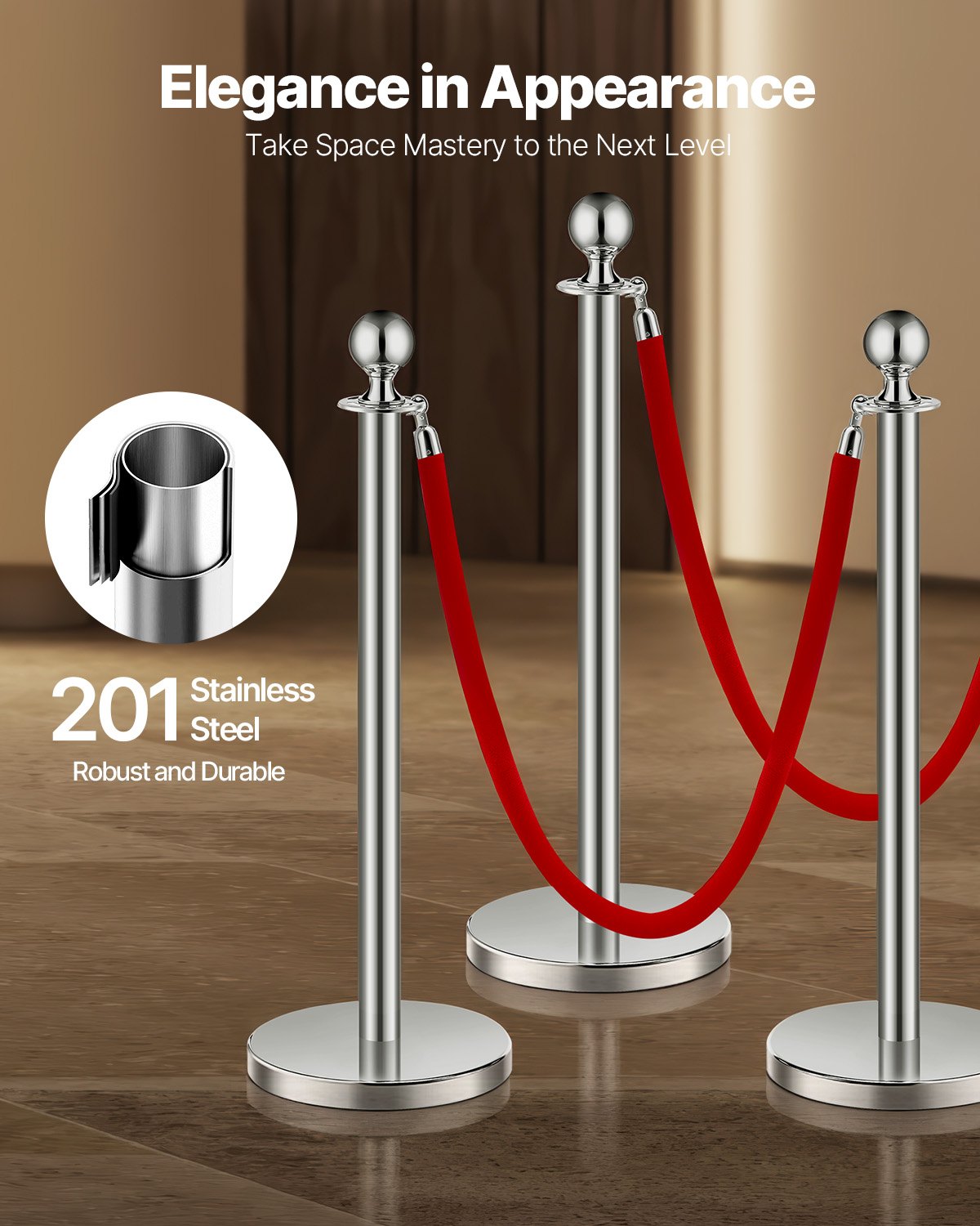 VEVOR Crowd Control Posts (8 pcs) with 4 red velvet ropes (1.5 m long), stainless steel barrier posts with refillable base for exhibitions, silver