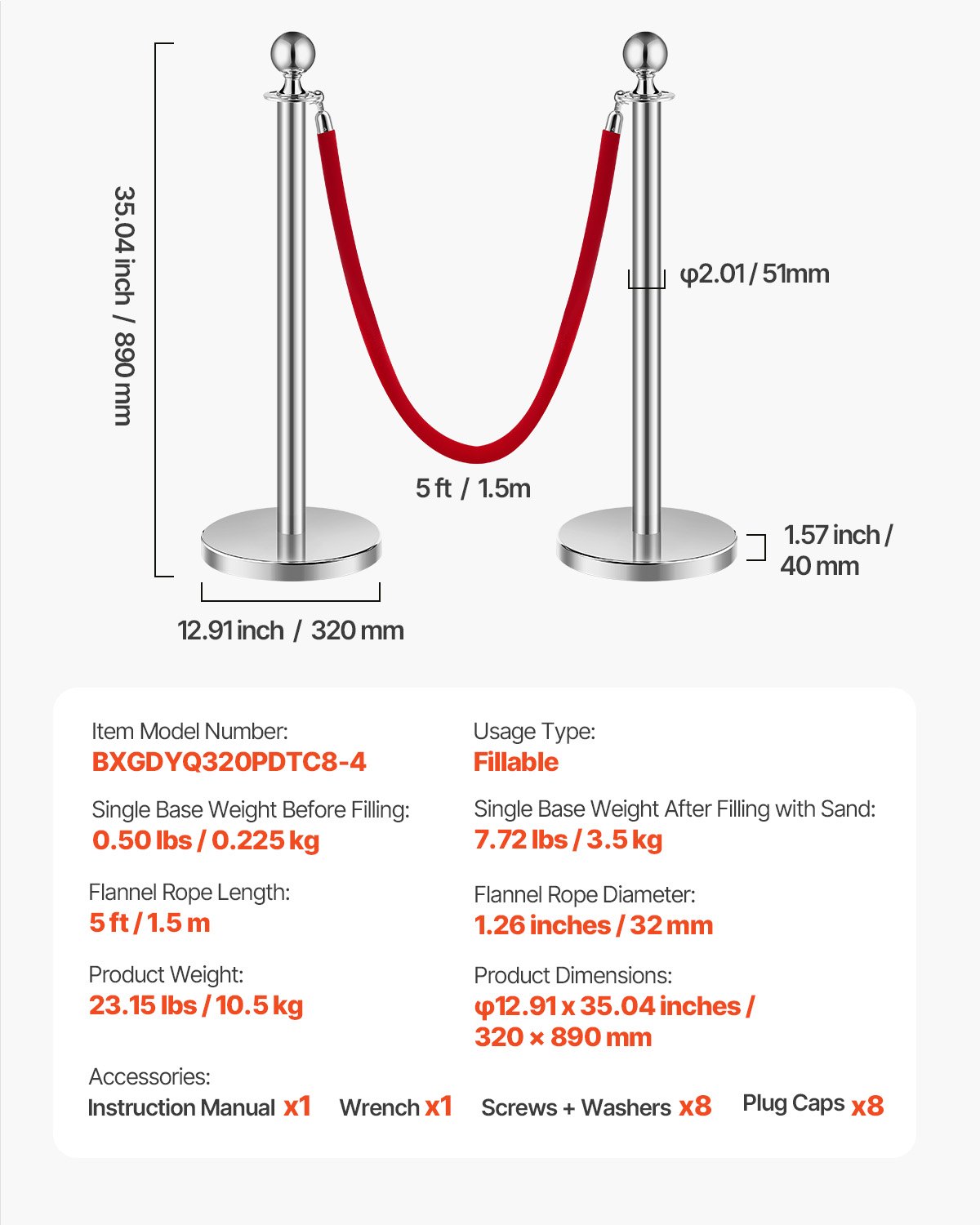 VEVOR Crowd Control Posts (8 pcs) with 4 red velvet ropes (1.5 m long), stainless steel barrier posts with refillable base for exhibitions, silver