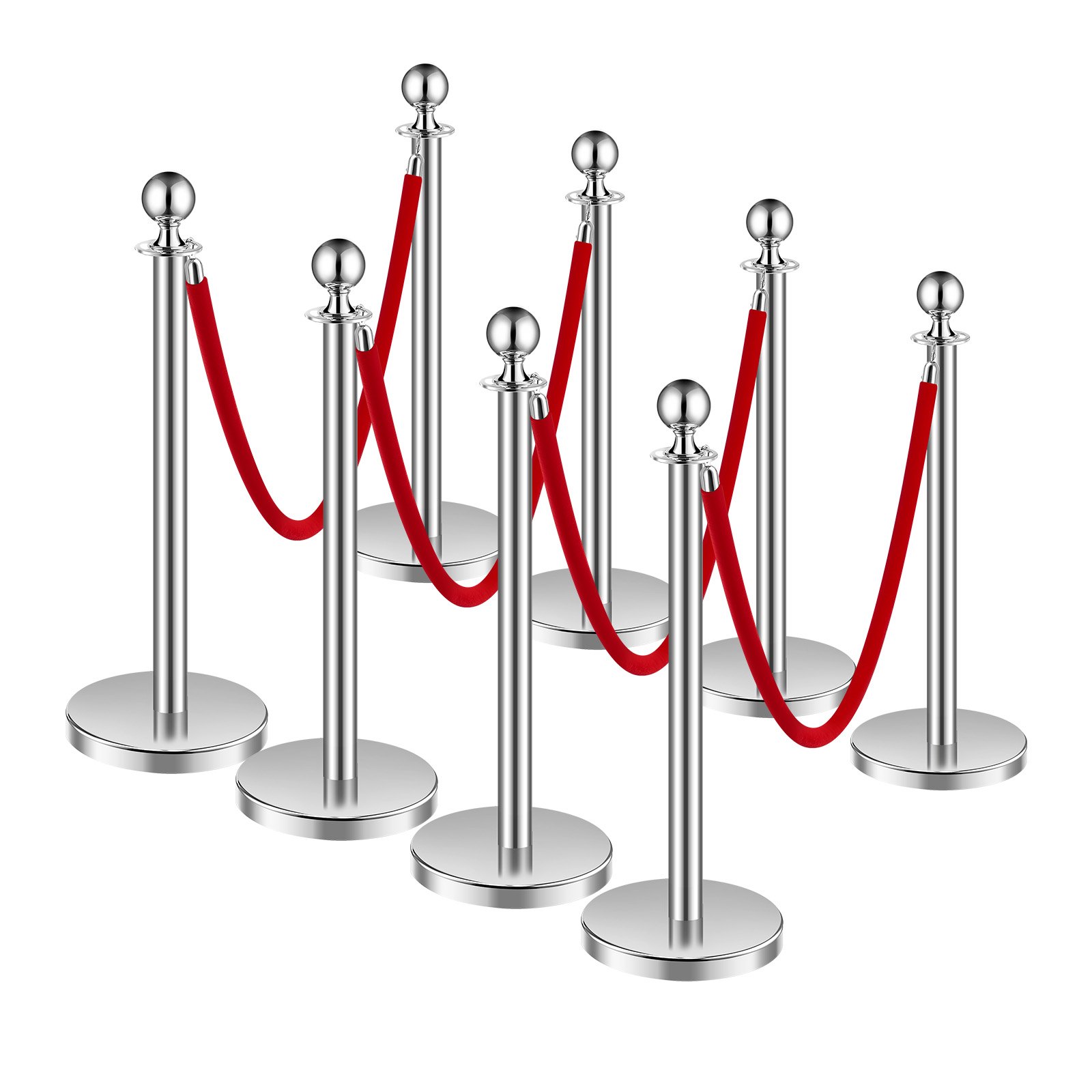 VEVOR Crowd Control Posts (8 pcs) with 4 red velvet ropes (1.5 m long), stainless steel barrier posts with refillable base for exhibitions, silver