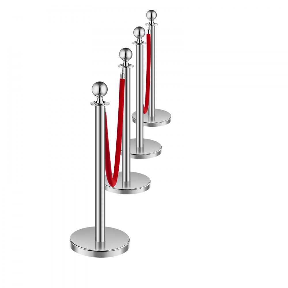 VEVOR Crowd Control Posts (4 pcs.) with 2 red velvet ropes (1.5 m long), stainless steel barrier posts with refillable base for exhibitions, silver