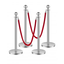 VEVOR 4 PCS Poste de Estaca de 1,5 m con 2 Cuerdas de Terciopelo Rojo, Plateado