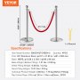 Especificaciones del poste de soporte VEVOR: acero inoxidable 201, base de HDPE, cuerda de terciopelo rojo de 5 pies, 1 llave incluida.