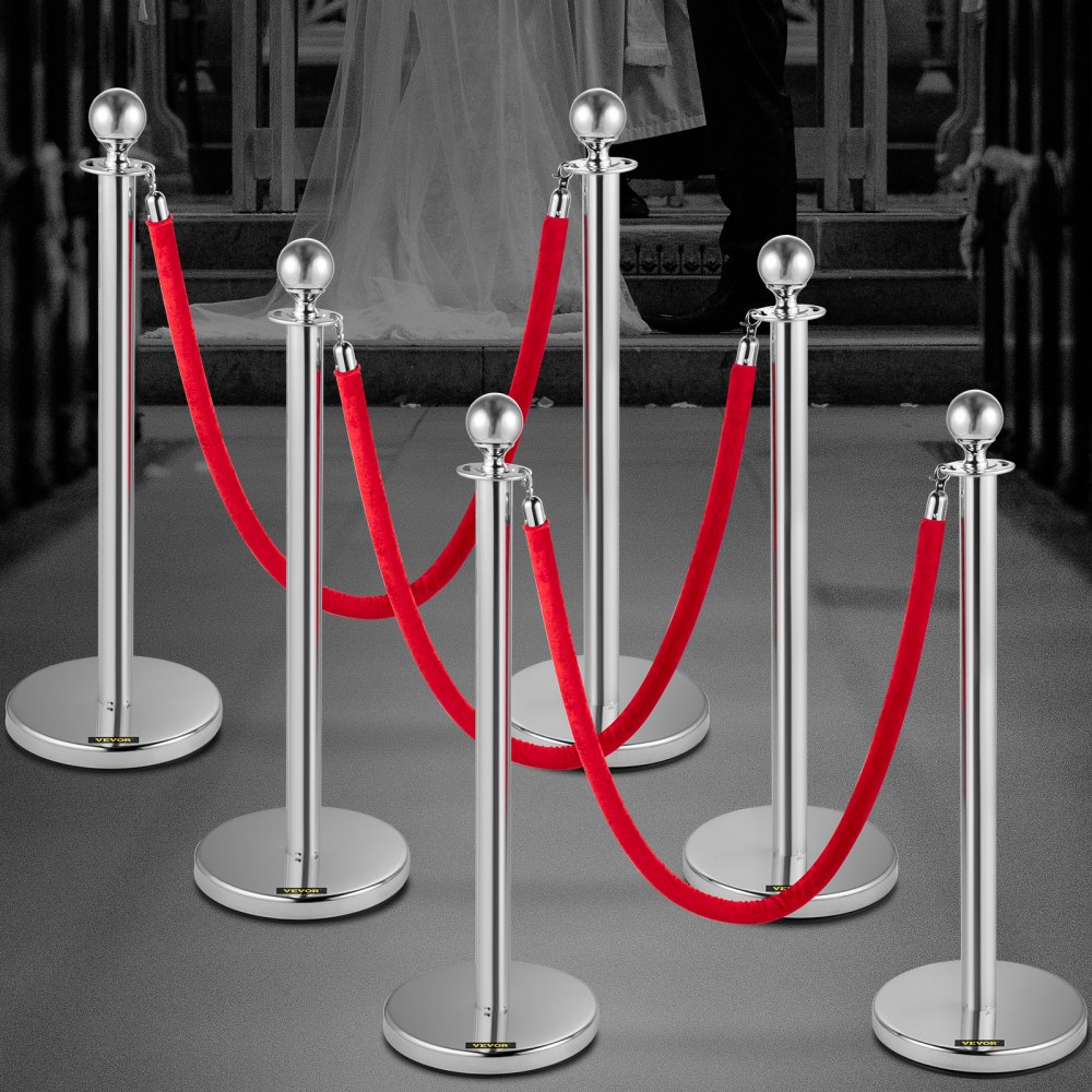 VEVOR Crowd Control Bollards with Velvet Ropes, Pack of 6. Crowd control stanchions with 3 x 1.52 m long red velvet ropes, stainless steel queue barriers with ball head for events, museums, parties