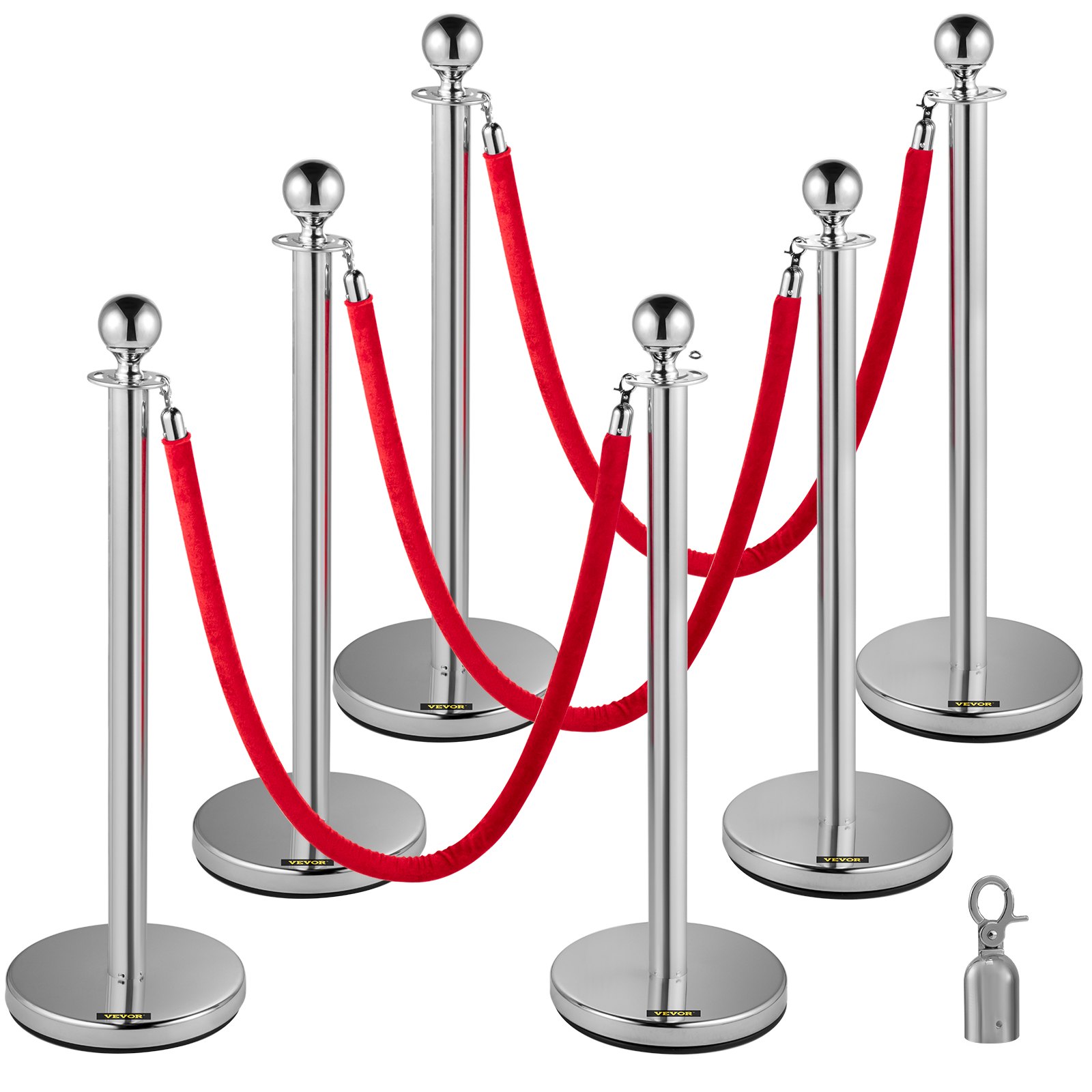 VEVOR Crowd Control Bollards with Velvet Ropes, Pack of 6. Crowd control stanchions with 3 x 1.52 m long red velvet ropes, stainless steel queue barriers with ball head for events, museums, parties