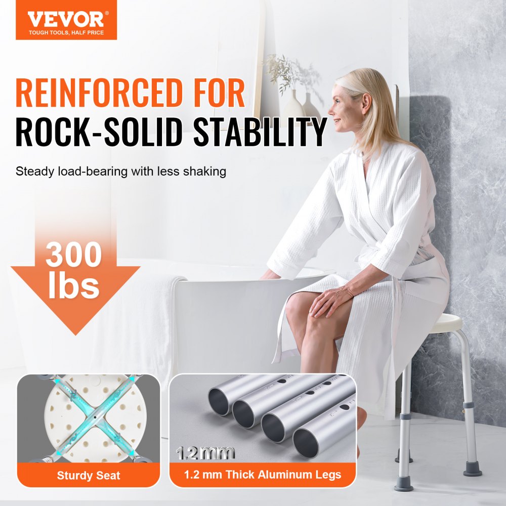 VEVOR Shower Stool/Chair, Height Adjustable 355-480 mm, Bathroom Stool/Seat, 136.1 kg Load Capacity, Sturdy Shower Stool/Shower Aid for Bathtubs, Aluminum Alloy Frame, White Shower Seat