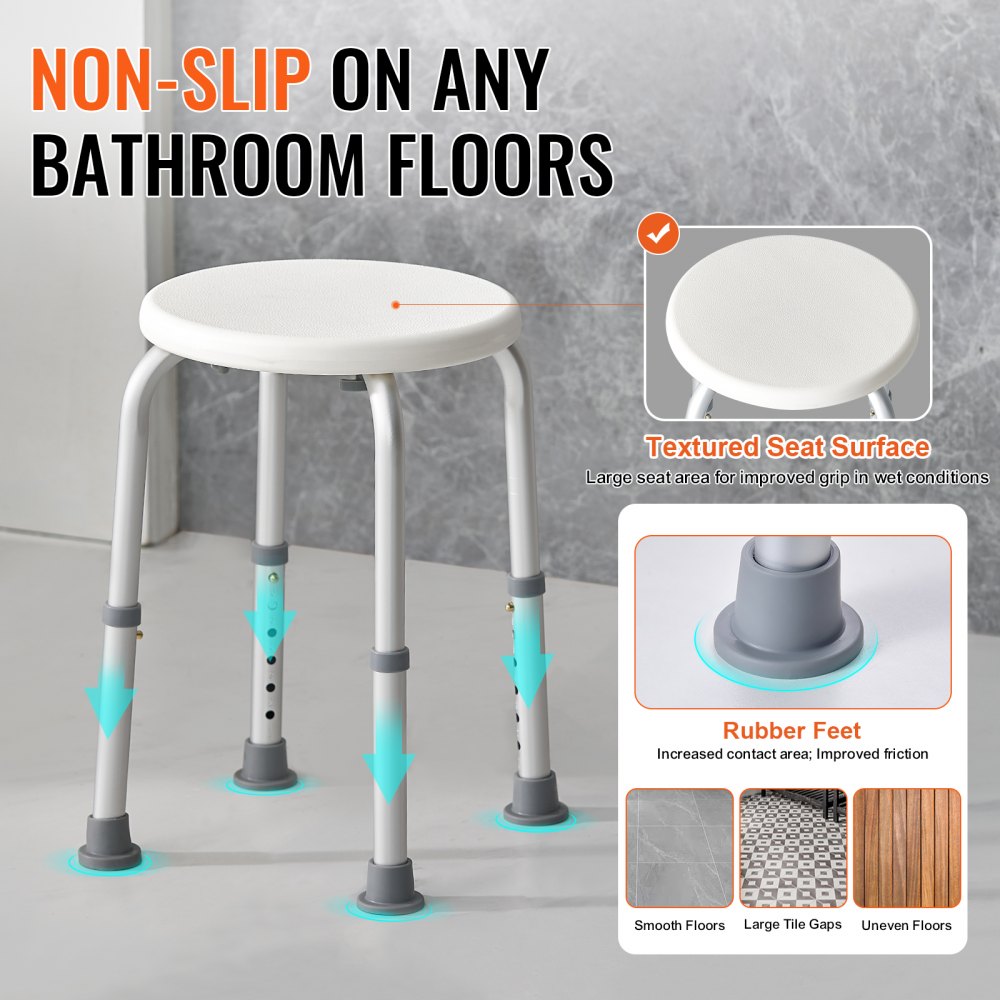 VEVOR Shower Stool/Chair, Height Adjustable 355-480 mm, Bathroom Stool/Seat, 136.1 kg Load Capacity, Sturdy Shower Stool/Shower Aid for Bathtubs, Aluminum Alloy Frame, White Shower Seat