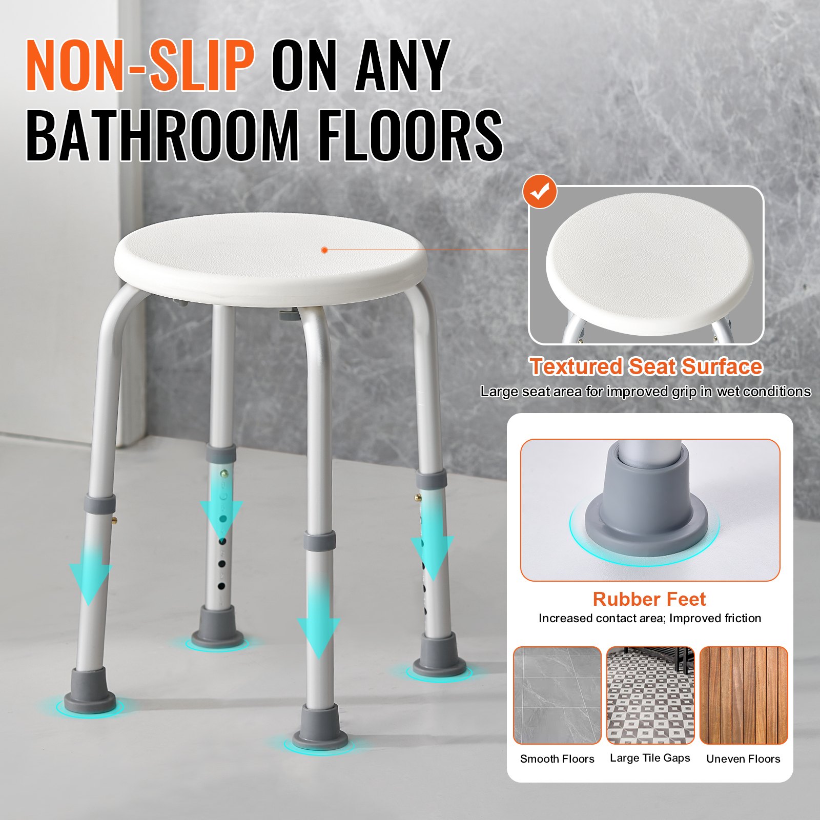 VEVOR Asiento de Ducha Antideslizante Altura Ajustable 355-480 mm Silla de Ducha Carga de 136,1 kg Silla de Baño de Aluminio y PE Ayuda para Ducha para Personas Mayores, Mujeres Embarazadas, Baño