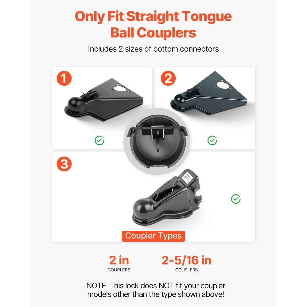 VEVOR Trailer Lock, Fits 50.6 & 58.6 mm Straight Tongue Ball Couplers, Heavy Duty Hitch Lock with 3 Keys Secures Security Chains, Anti-Theft RV Trailer Tongue Locks for RV, Trailer, Boat