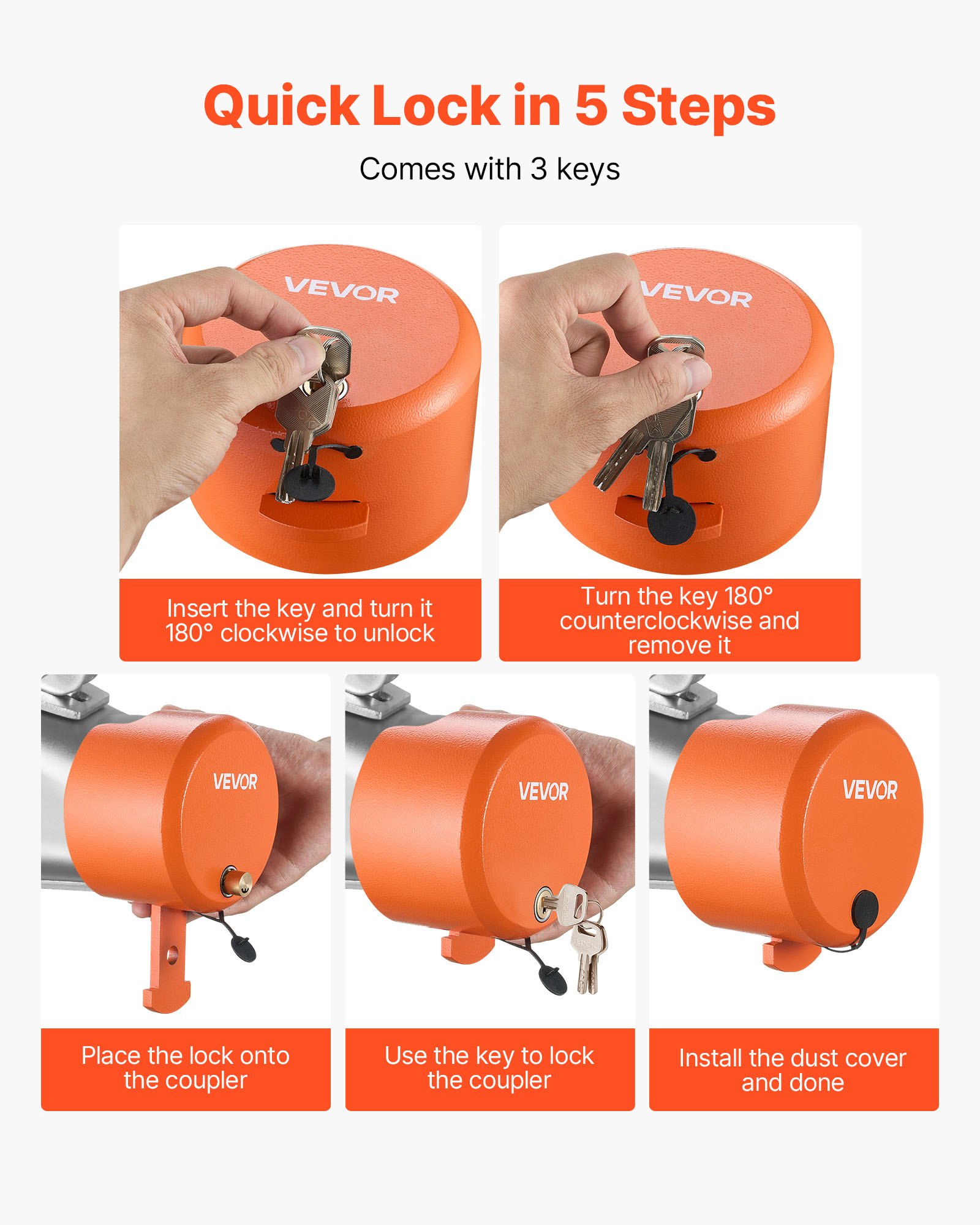 VEVOR Trailer Lock, Fits 47.5, 50.6 & 58.6 mm Straight Tongue Ball Couplers, Heavy Duty Hitch Lock with 4 Keys Secures Security Chains, Anti-Theft RV Trailer Locks for RV, Trailer, Boat