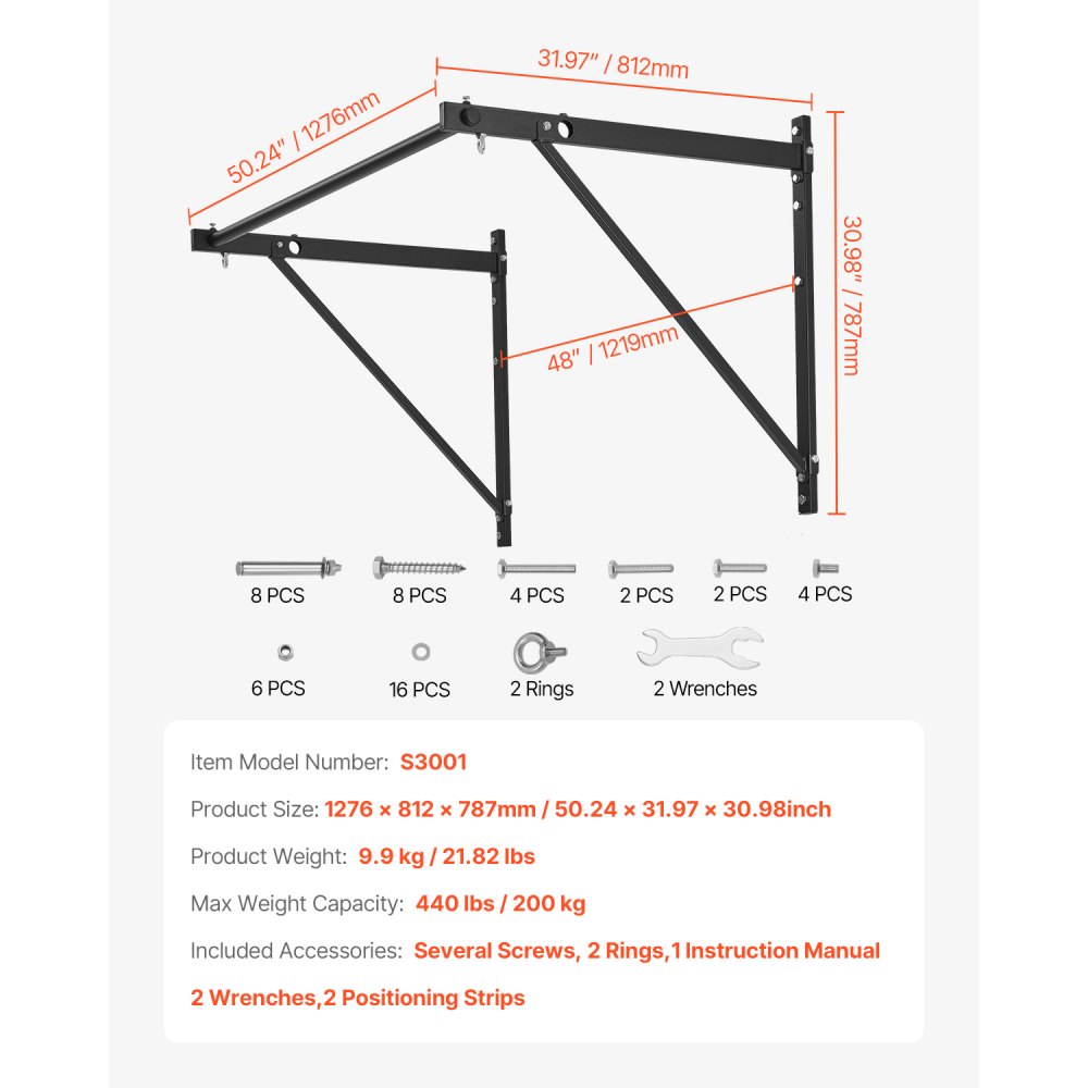 VEVOR Barra de Dominadas Montaje en Pared, Profundidad Ajustable a 56 cm o 76 cm, para Entrenamiento de la Parte Superior del Cuerpo, Capacidad 200 kg, para Gimnasio en Casa, 1276 x 812 x 787 mm