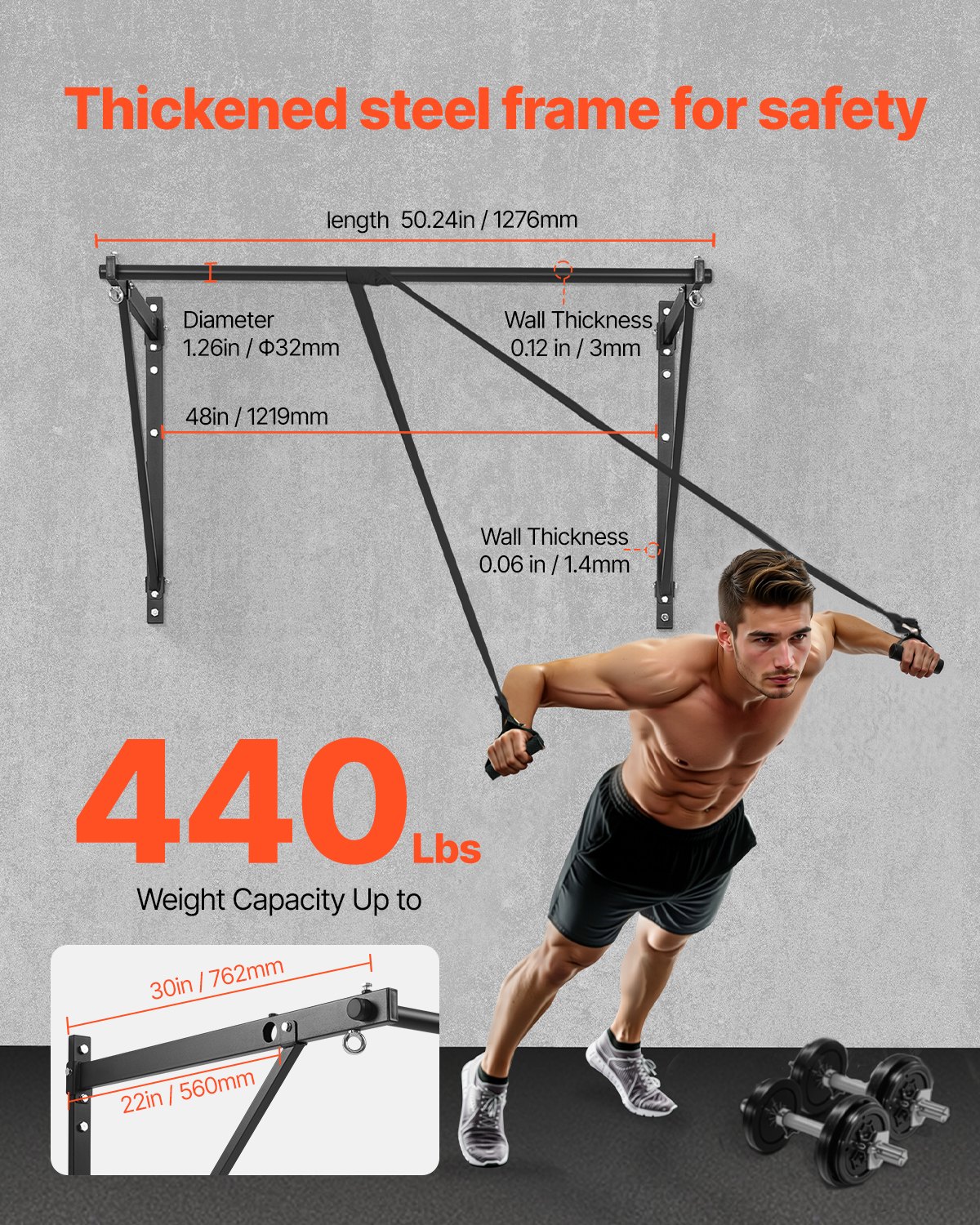 VEVOR Barra de Dominadas Montaje en Pared, Profundidad Ajustable a 56 cm o 76 cm, para Entrenamiento de la Parte Superior del Cuerpo, Capacidad 200 kg, para Gimnasio en Casa, 1276 x 812 x 787 mm